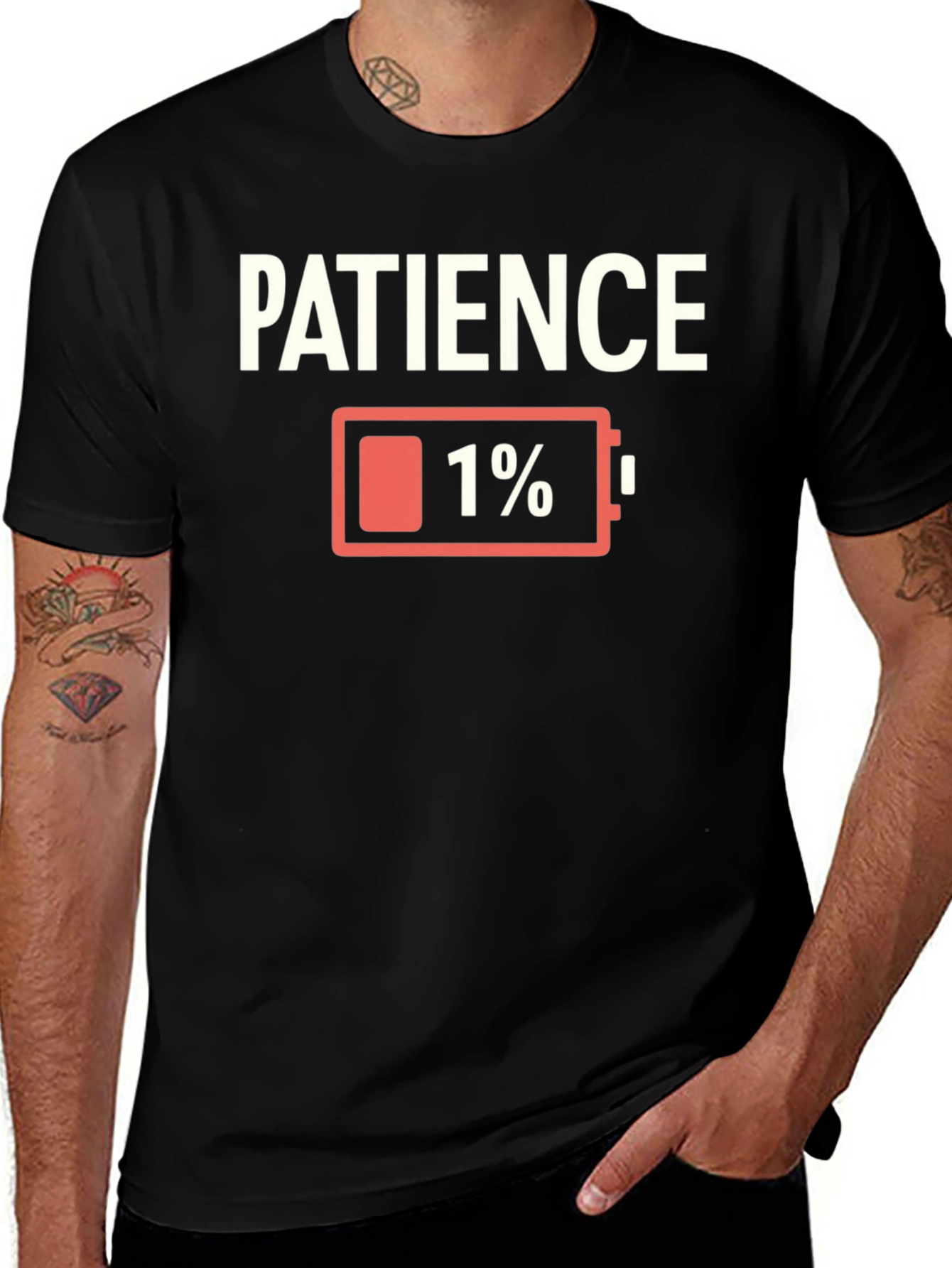 Variant 20 of Patience 1% Black Graphic T-Shirt - Low Battery Humor