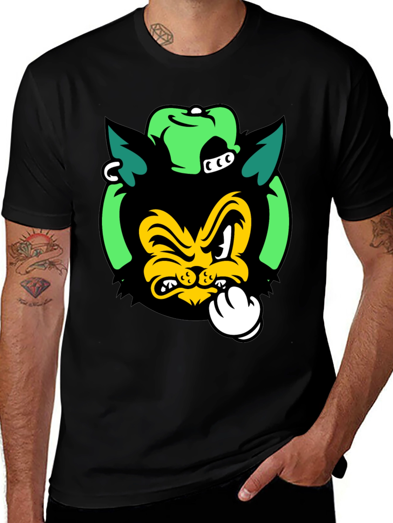 Variant 2 of Cartoon Cat Graphic Print Black T-Shirt