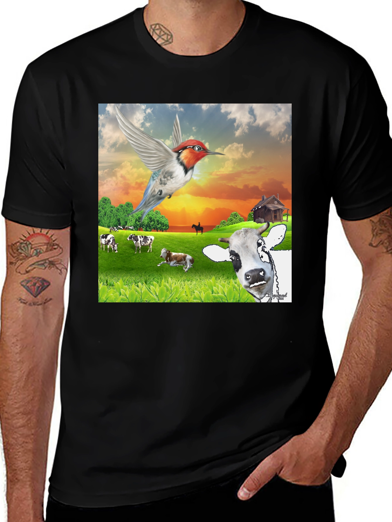 Black Hummingbird & Cow Farm T-Shirt - Unique Animal Design main image