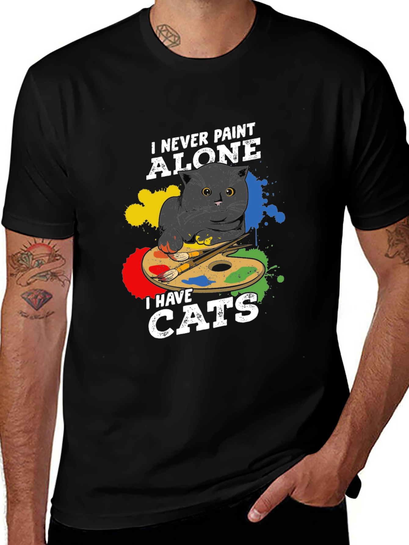 Variant 16 of Funny Cat Painter Graphic T-Shirt - I Never Paint Alone