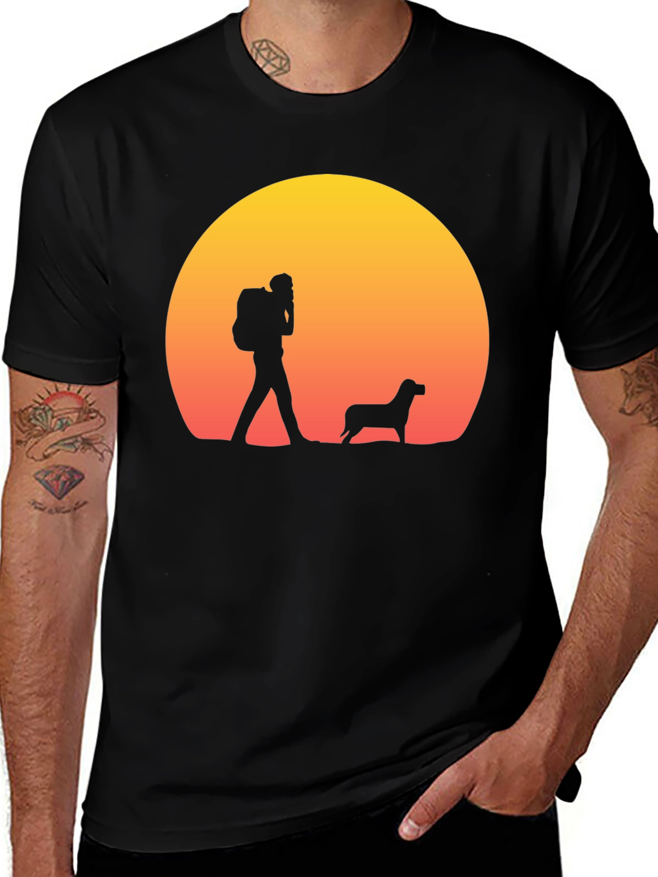 Hiker & Dog Sunset Silhouette T-Shirt