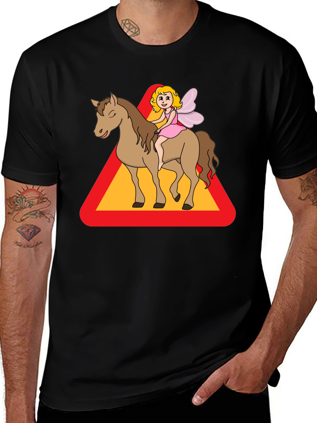 Variant 30 of Horse and Fairy Graphic Tee - Black Cotton Shirt