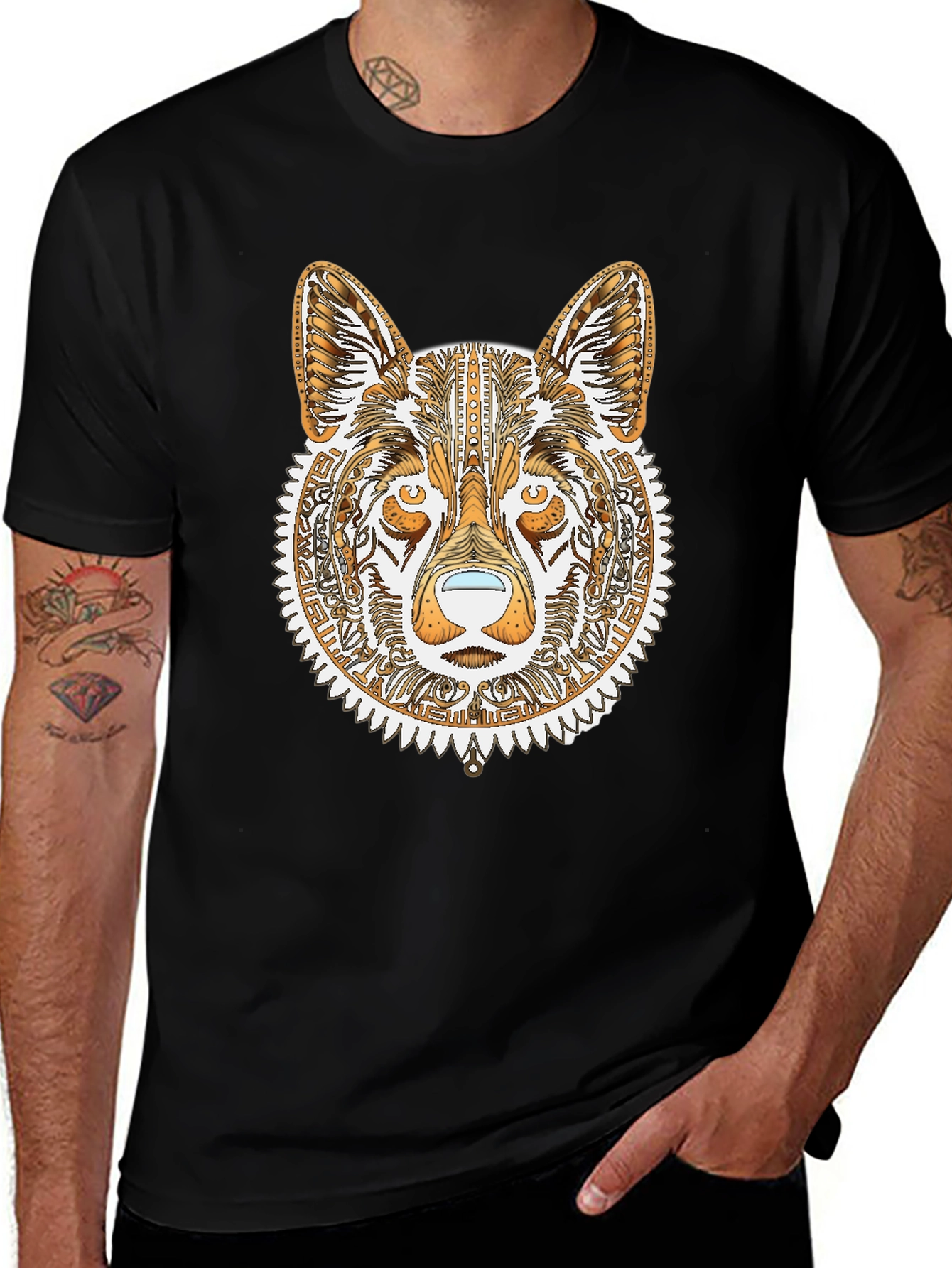 Variant 17 of Tribal Wolf Graphic Tee - Black Cotton Shirt