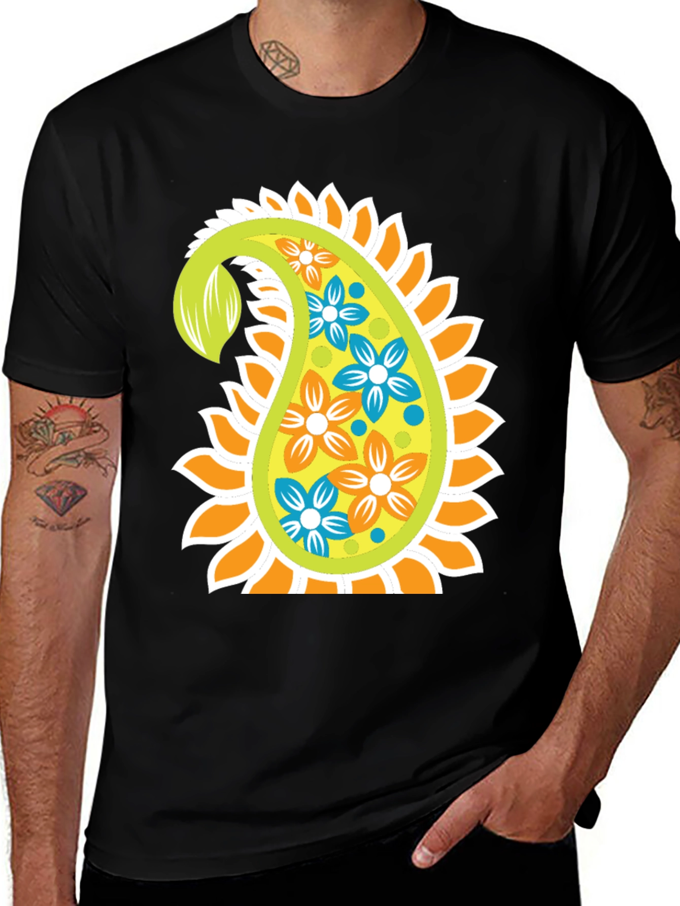 Variant 8 of Paisley Flower Graphic Print Men's Black T-Shirt
