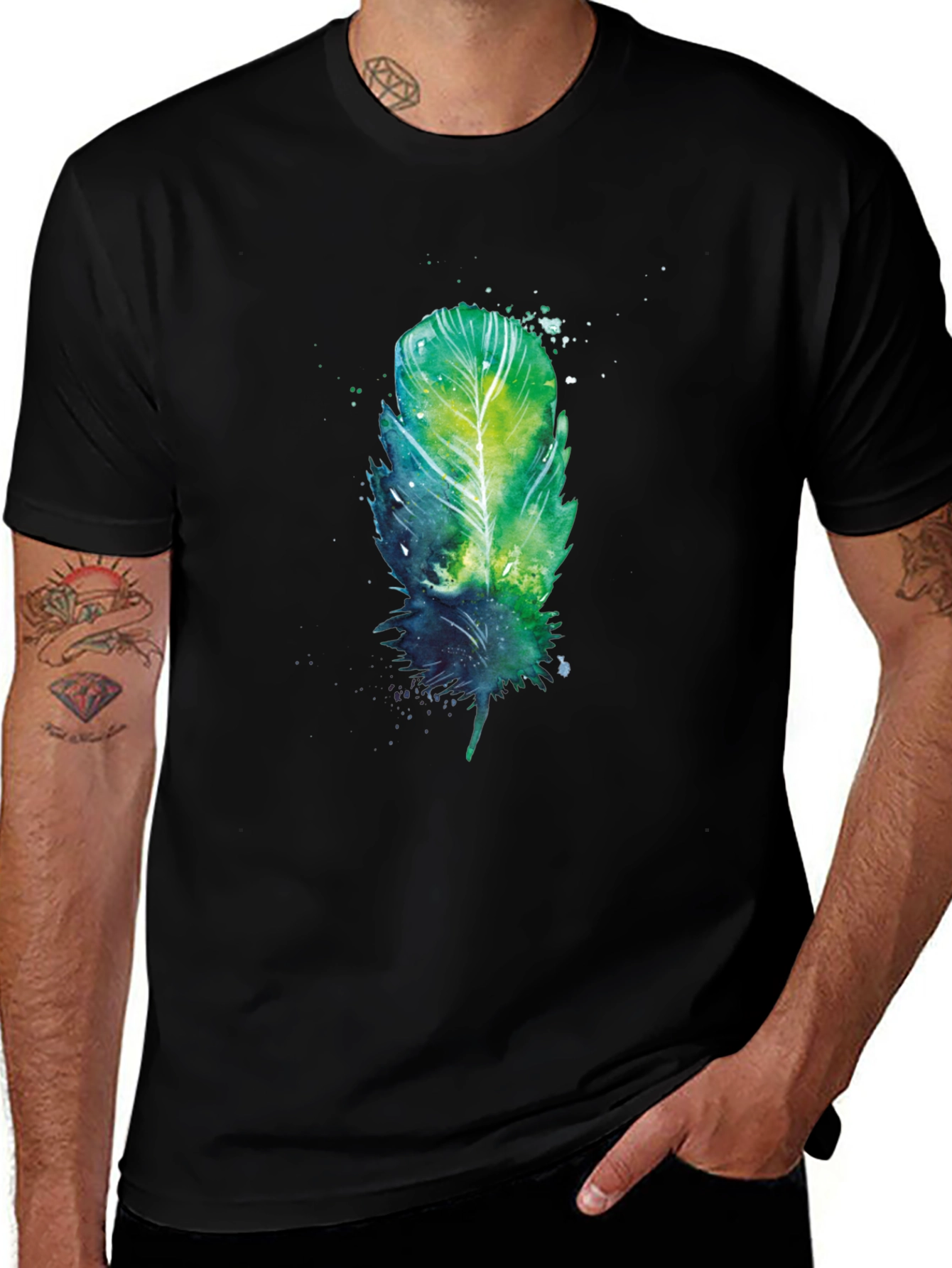 Watercolor Feather Graphic Print Black T-Shirt