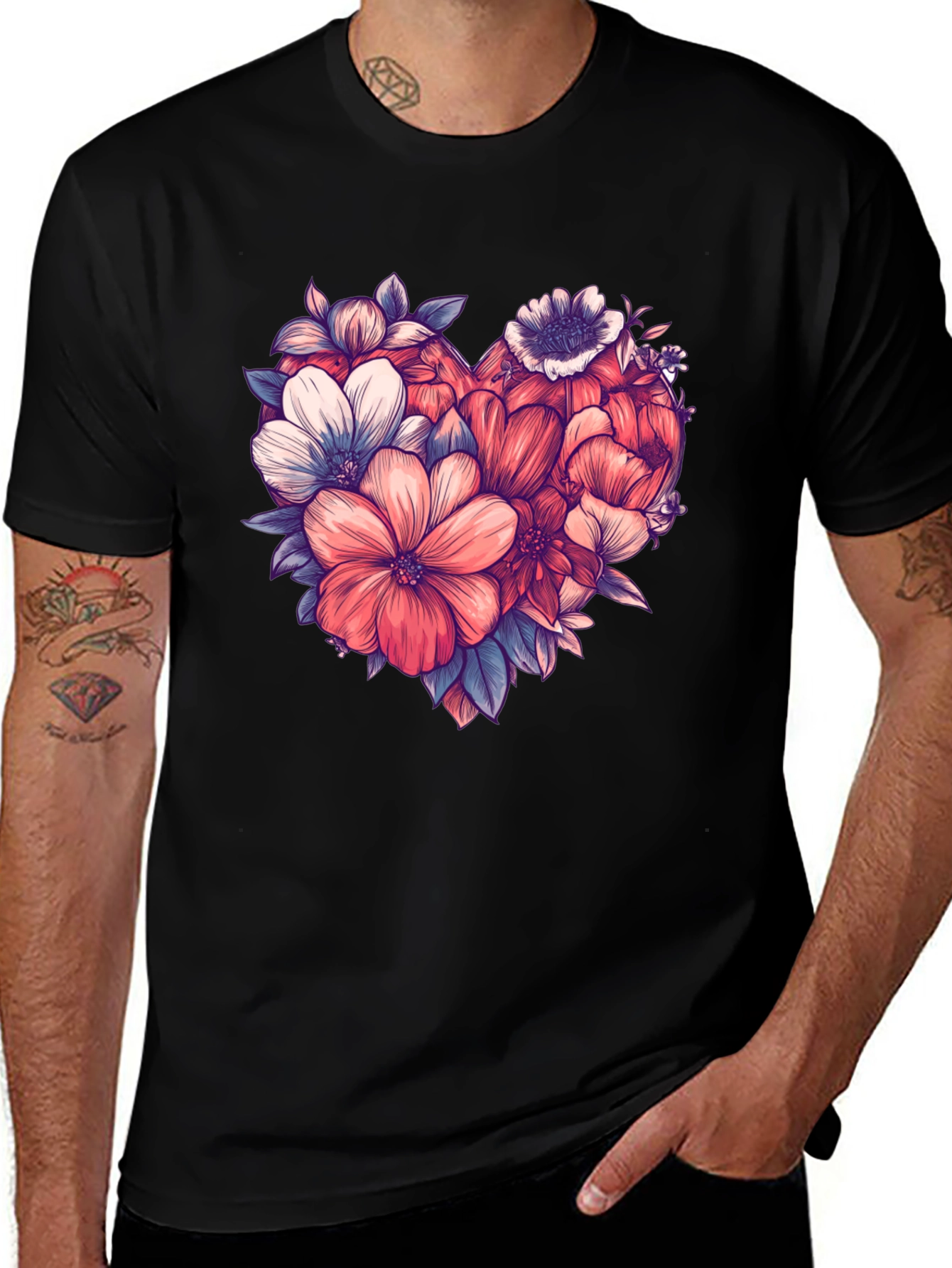 Variant 22 of Floral Heart Graphic Tee - Stylish Black T-Shirt