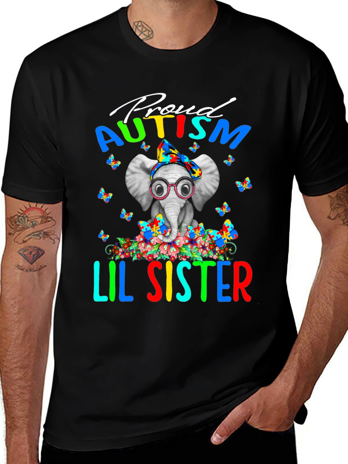 Proud Autism Lil Sister Elephant T-Shirt