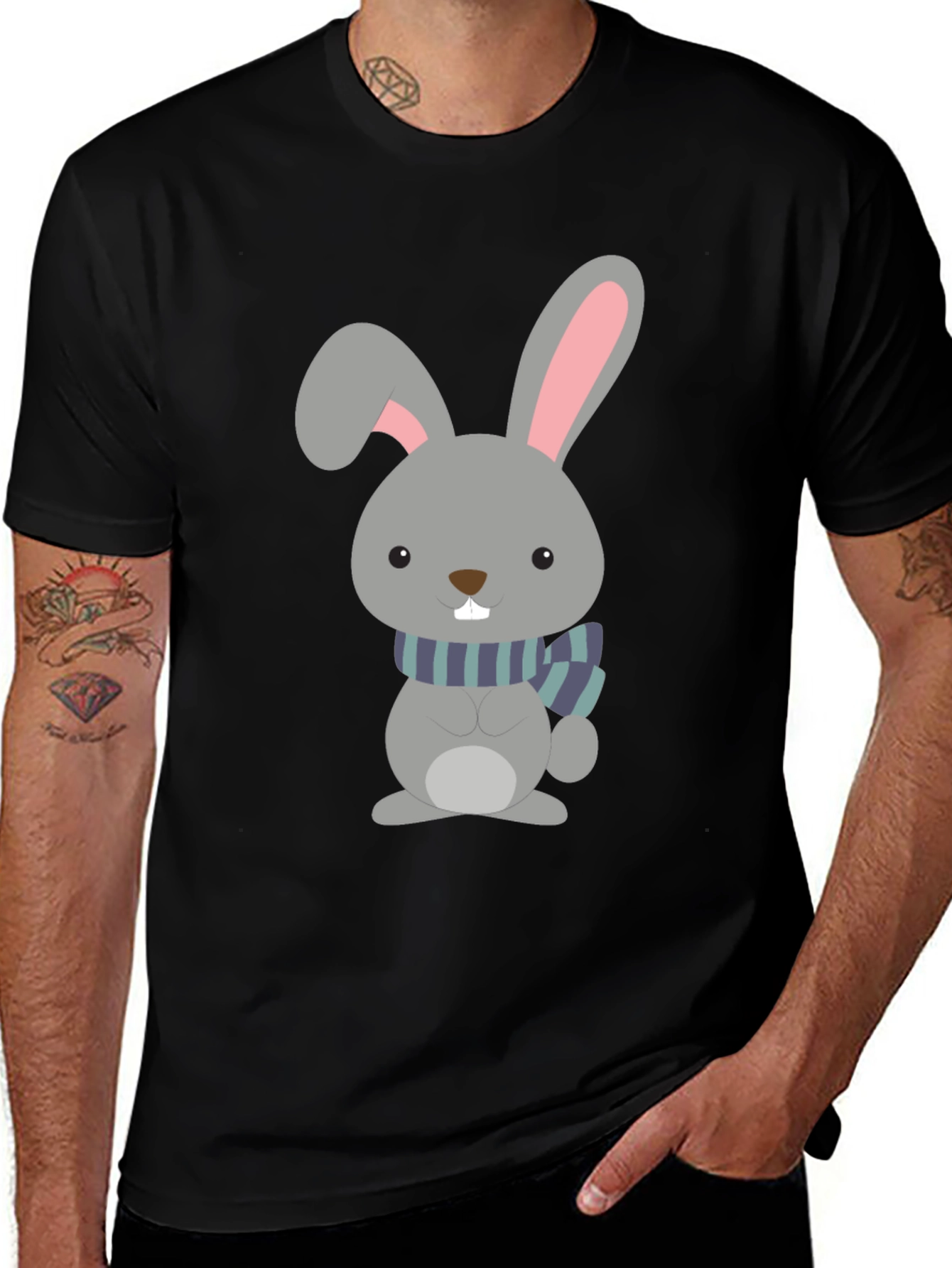 Cute Cartoon Rabbit Graphic Tee - Unisex Black T-Shirt