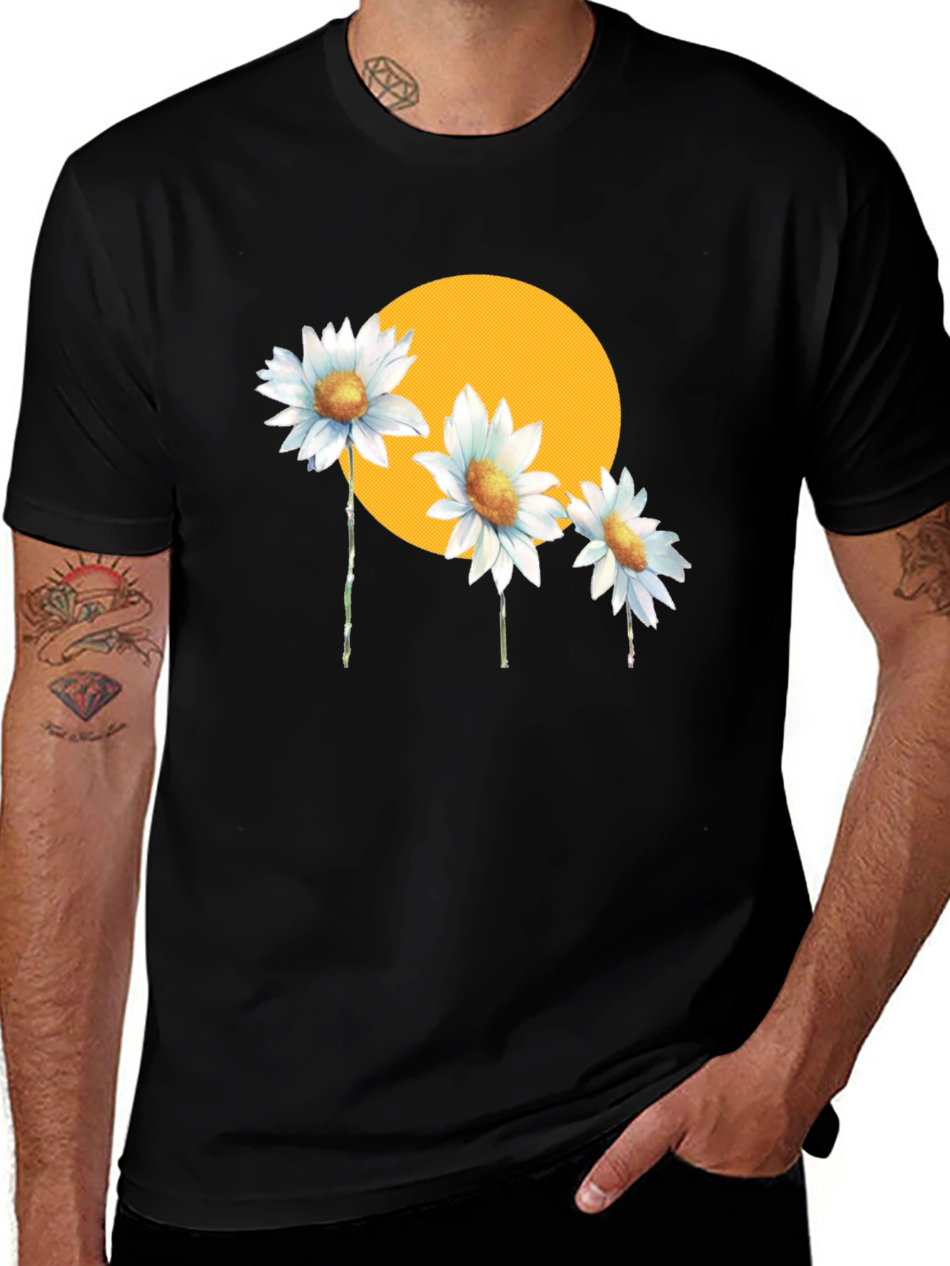 Variant 4 of Black Graphic Tee with Daisies & Sun