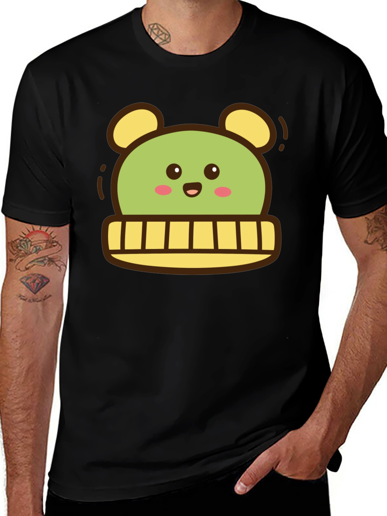 Variant 25 of Kawaii Green Character Graphic Tee - Black Unisex T-Shirt