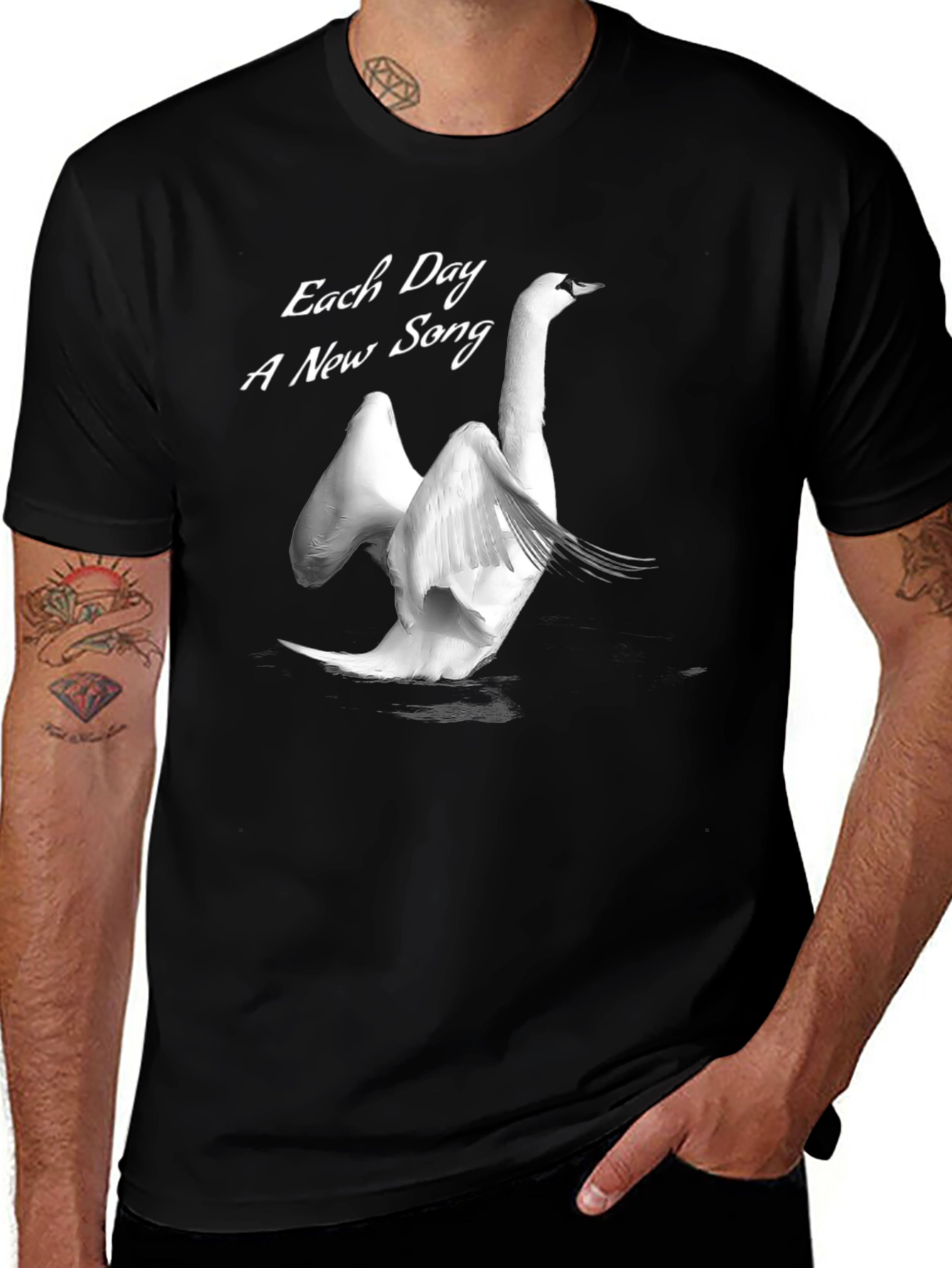 Variant 11 of Elegant Swan T-Shirt - "Each Day A New Song" Black Cotton Tee