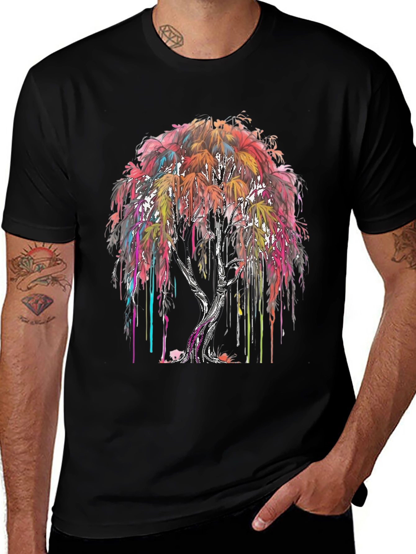 Black Colorful Drip Tree Graphic T-Shirt main image