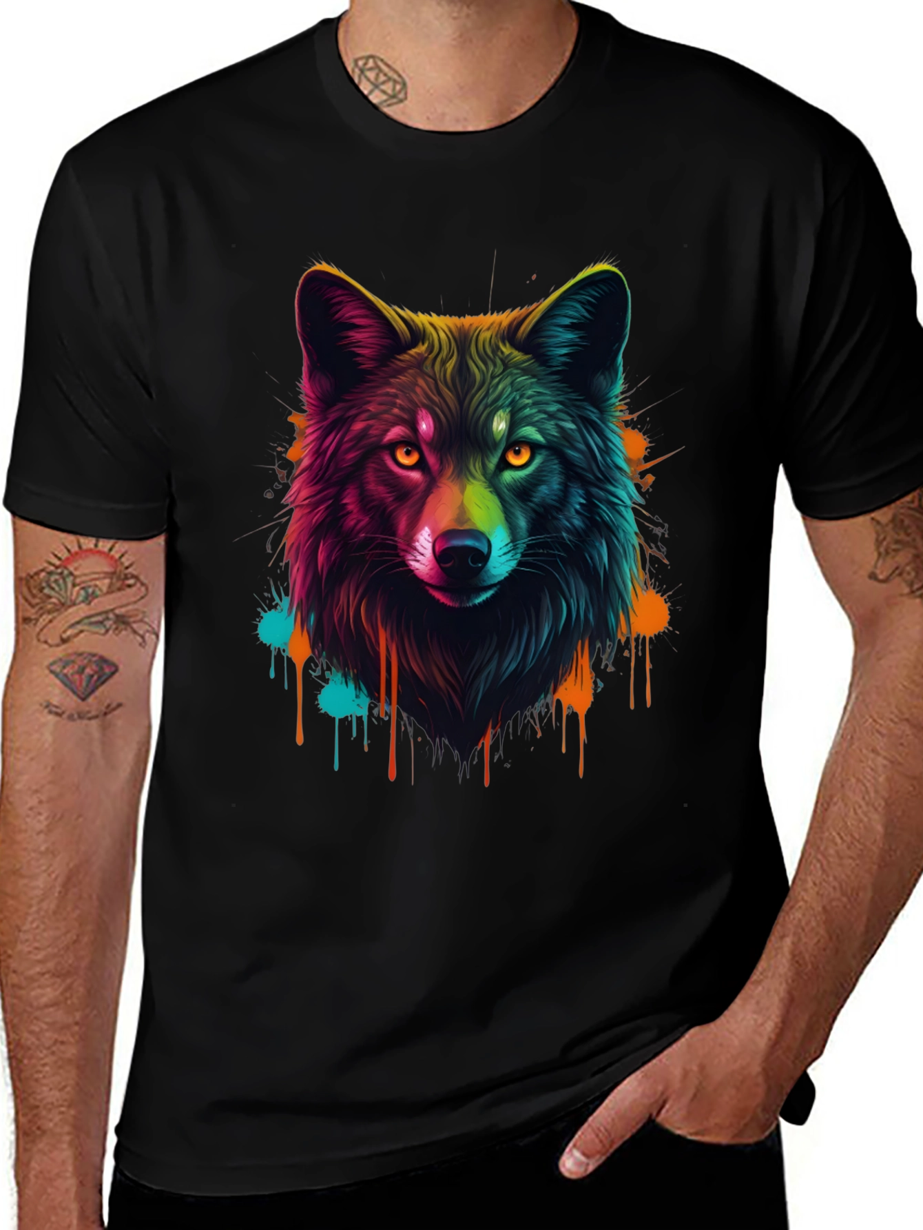 Variant 15 of Vibrant Wolf Graphic Tee - Men's Black T-Shirt