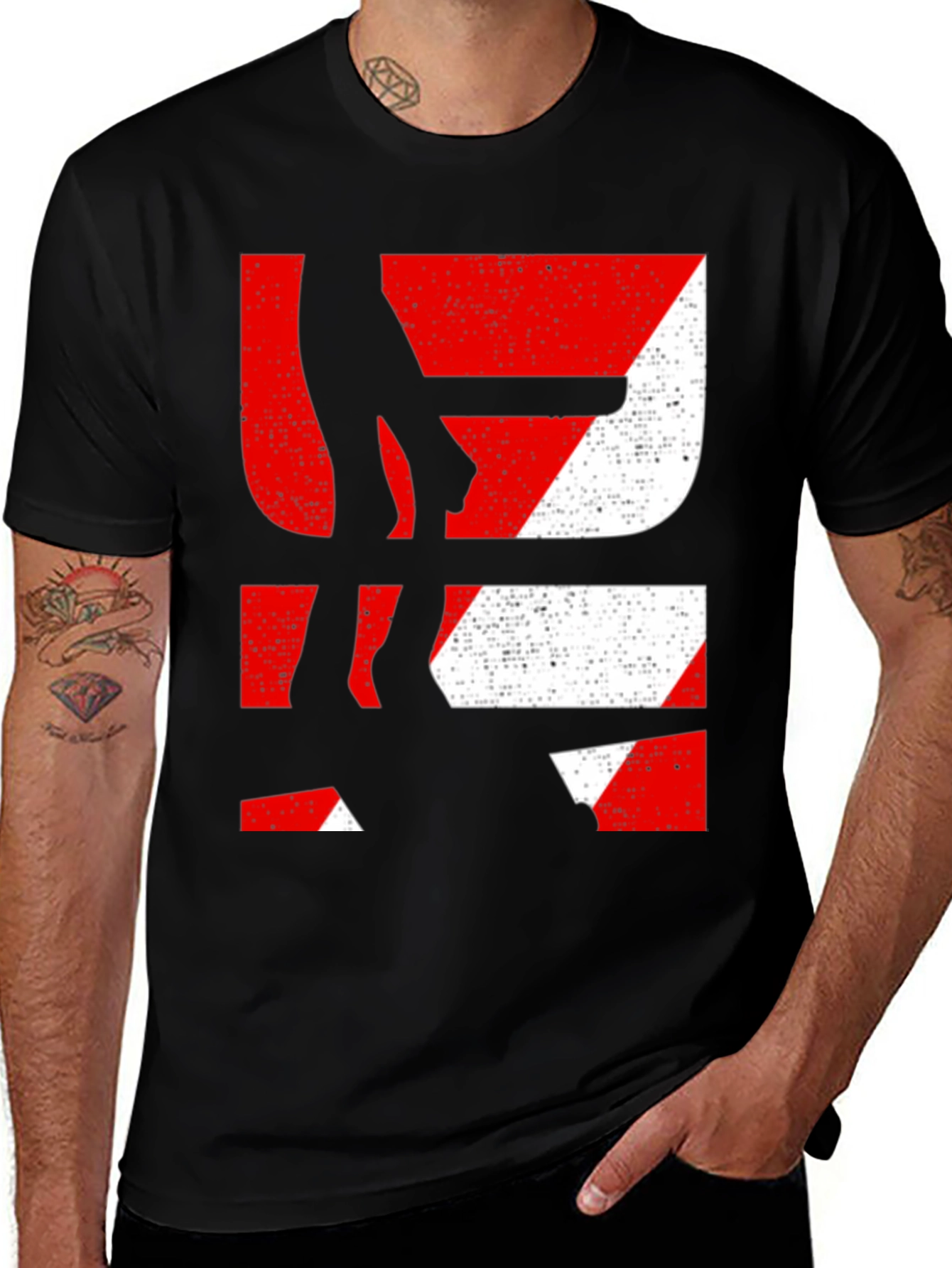 Variant 22 of Graphic Print Tee - Black with Abstract Red & White Design