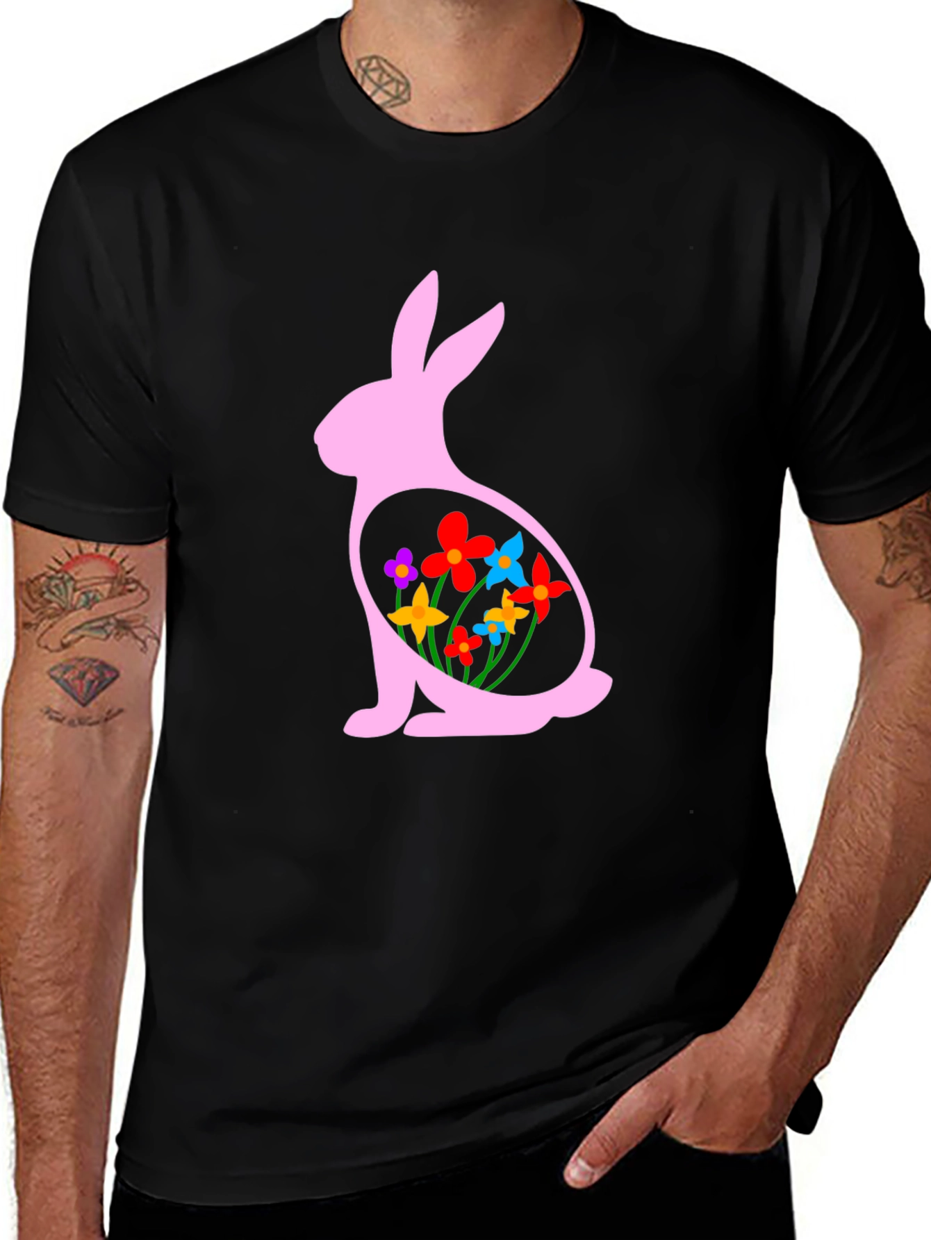 Variant 25 of Easter Bunny Flowers Black T-Shirt