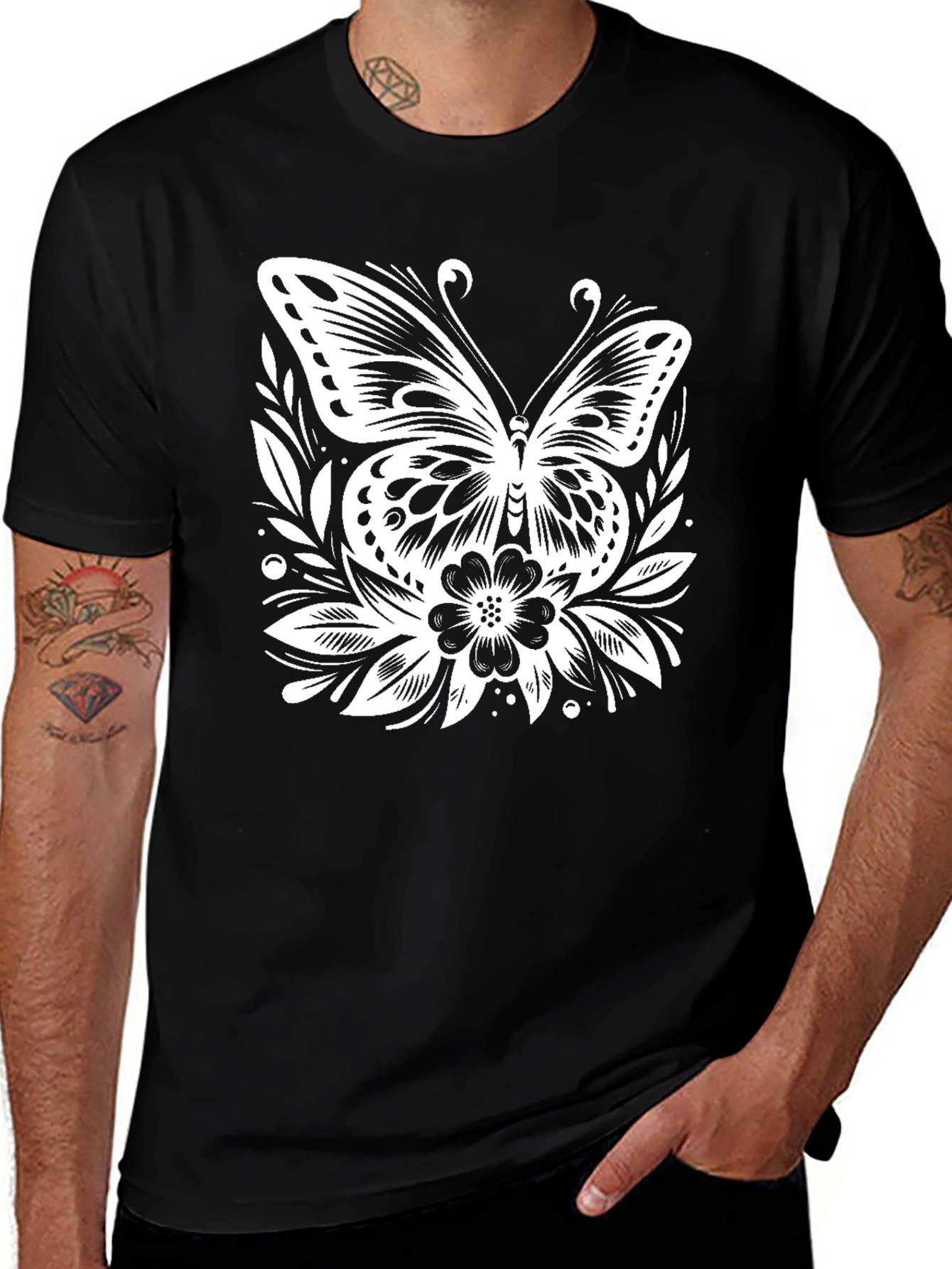 Variant 21 of Butterfly Floral Graphic Tee - Black Cotton Comfort