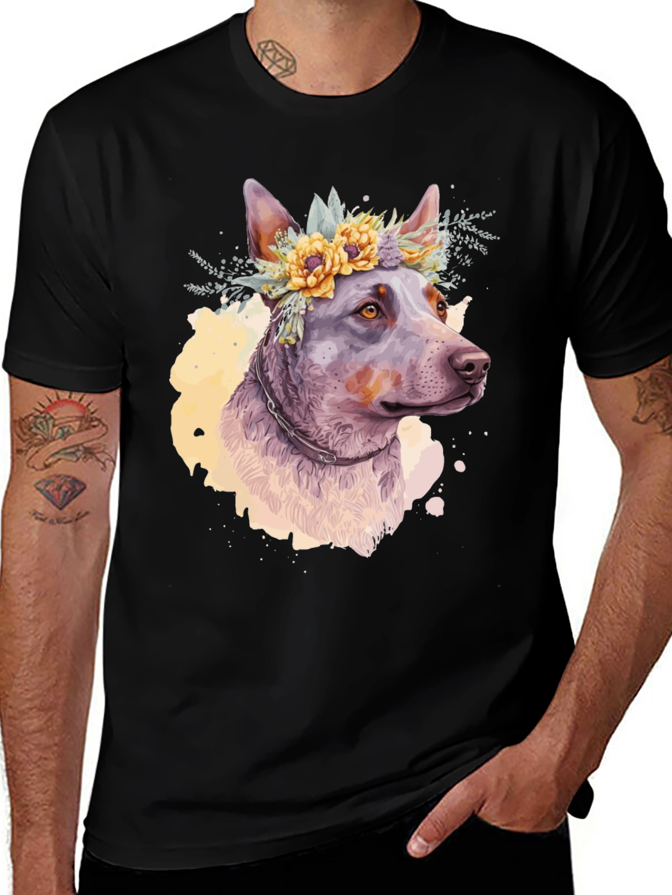 Variant 8 of Dog with Flower Crown Graphic Tee - Artistic Pet Lover Shirt