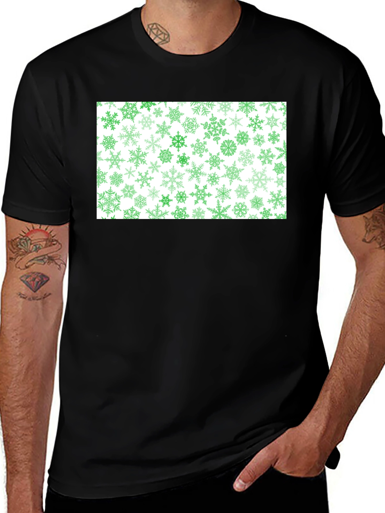 Variant 19 of Green Snowflake Pattern Black Tee