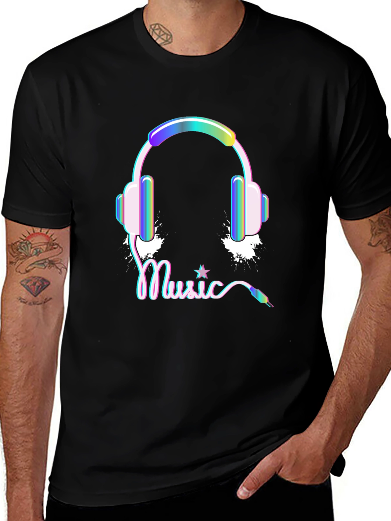 Variant 5 of Music Headphones Graphic Print Black Tee Shirt