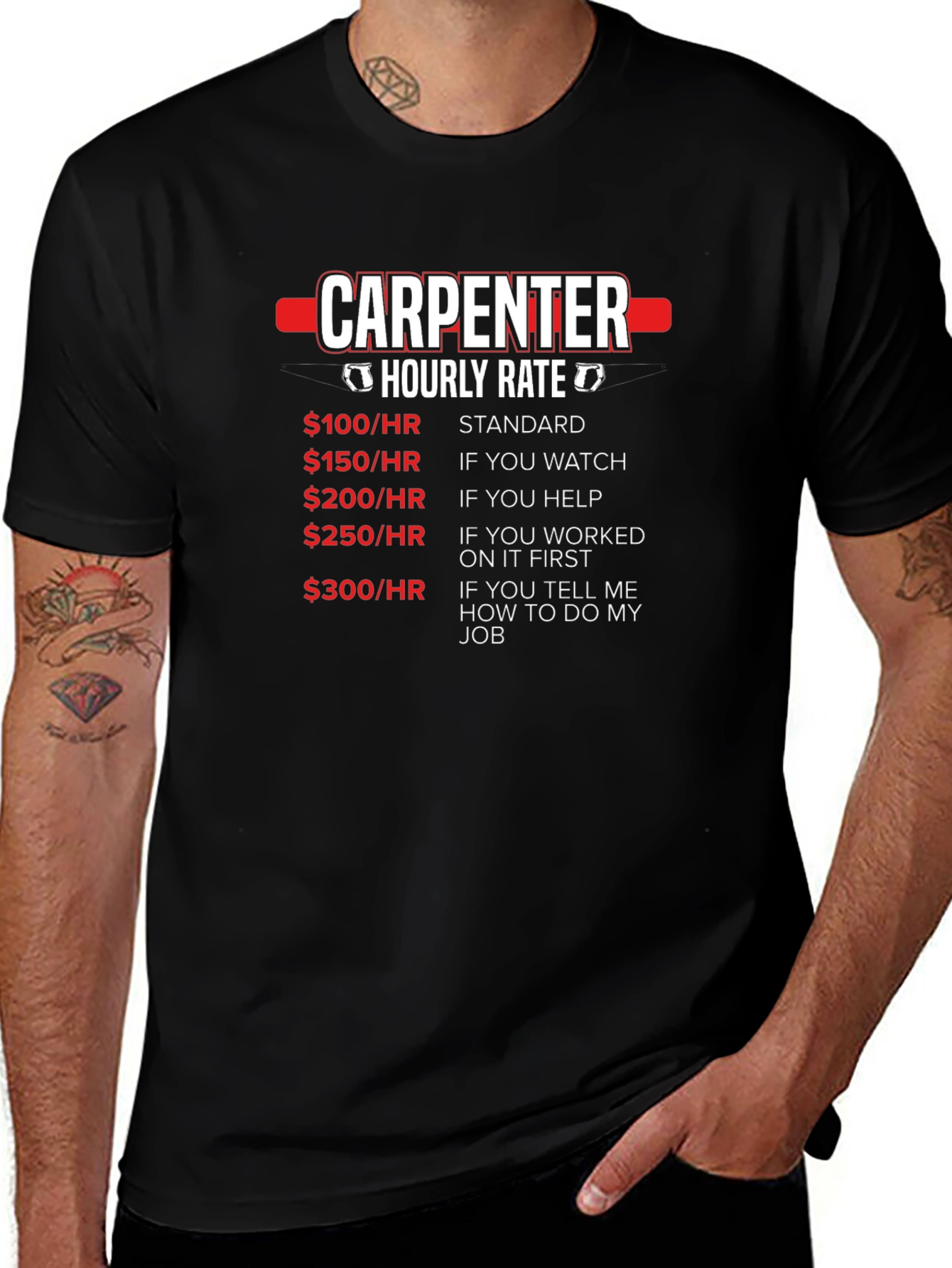 Variant 28 of Carpenter Hourly Rate Funny Black T-Shirt