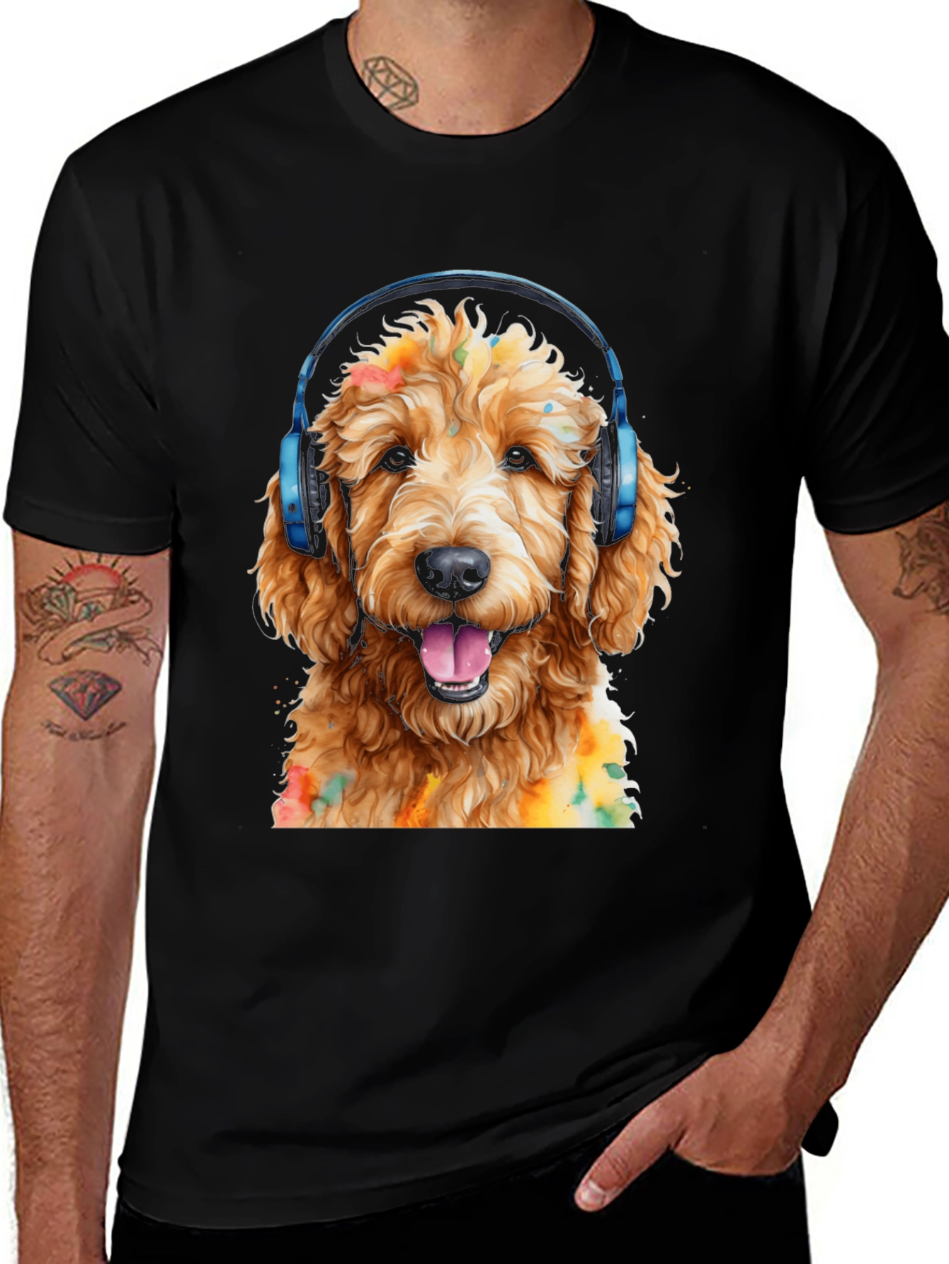 Variant 17 of Dog with Headphones Black T-Shirt