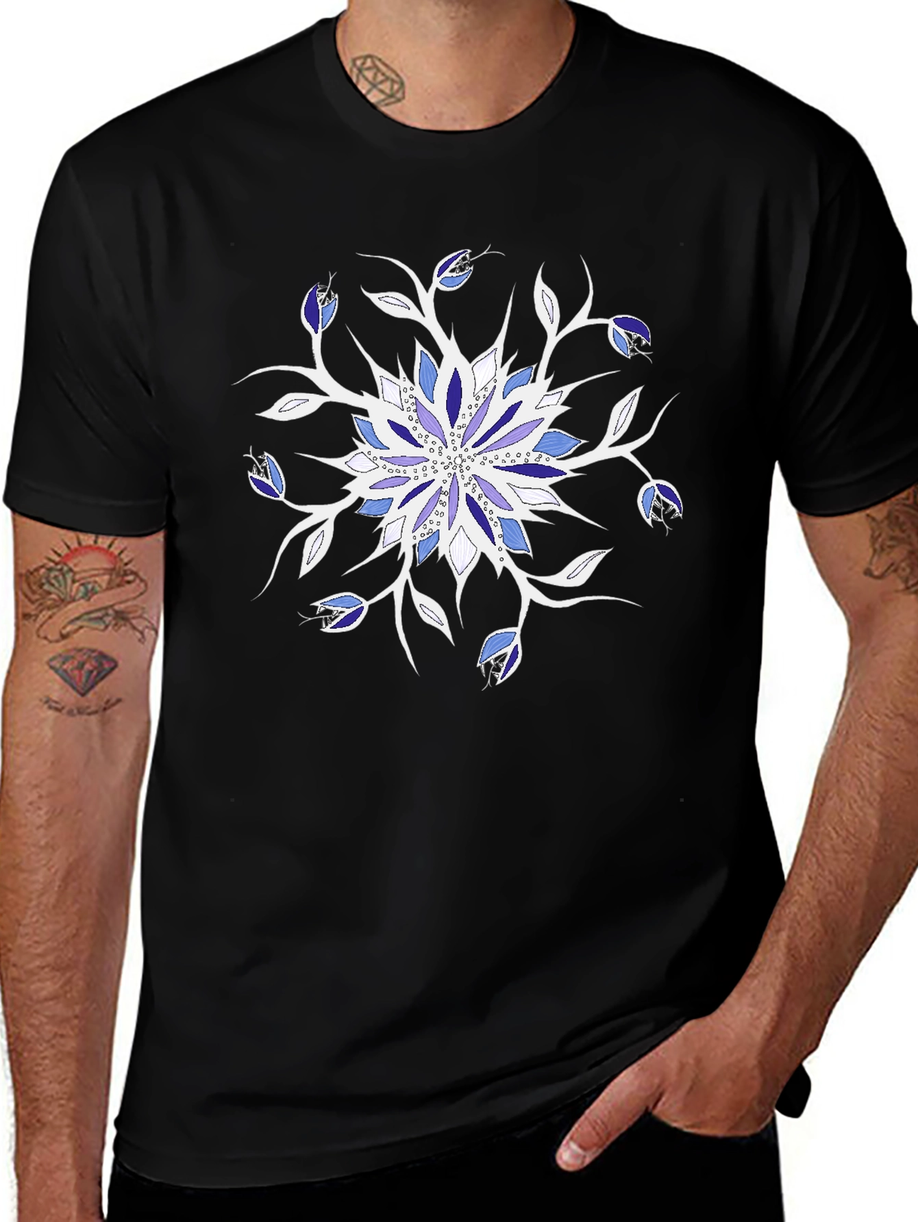 Variant 20 of Floral Mandala Graphic Tee - Black Cotton Casual Top