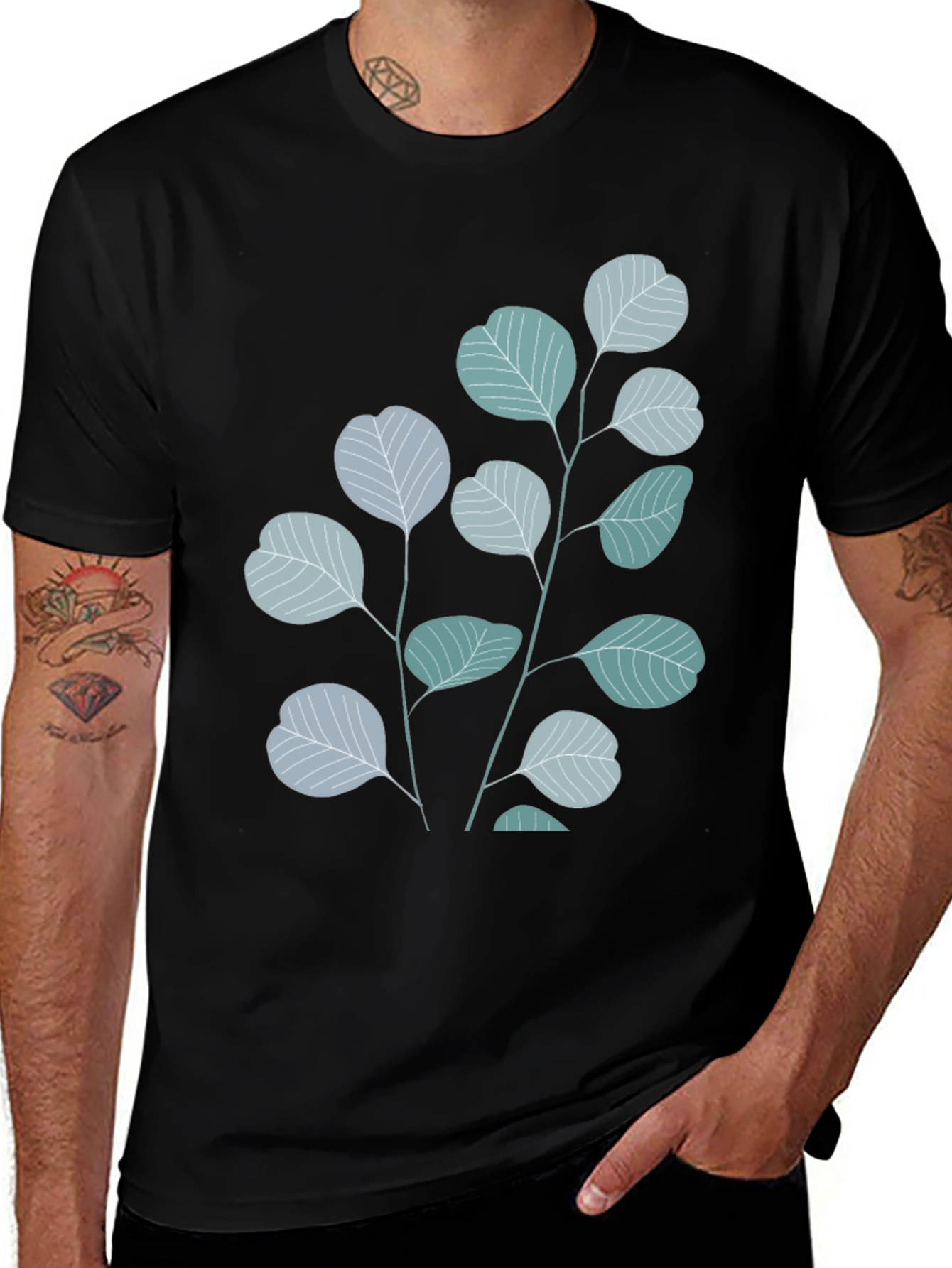 Black Botanical Leaves Graphic Tee - Black Cotton Blend main image