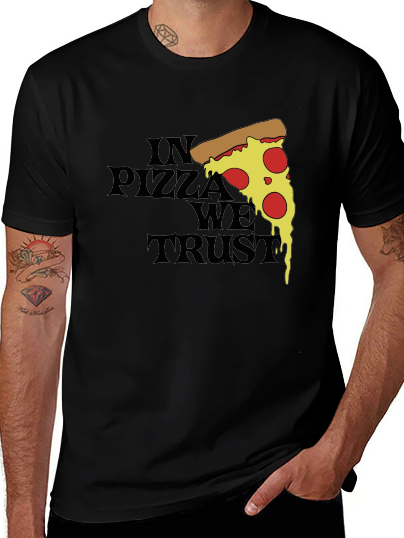 Variant 10 of In Pizza We Trust Graphic Tee - Black Cotton T-Shirt