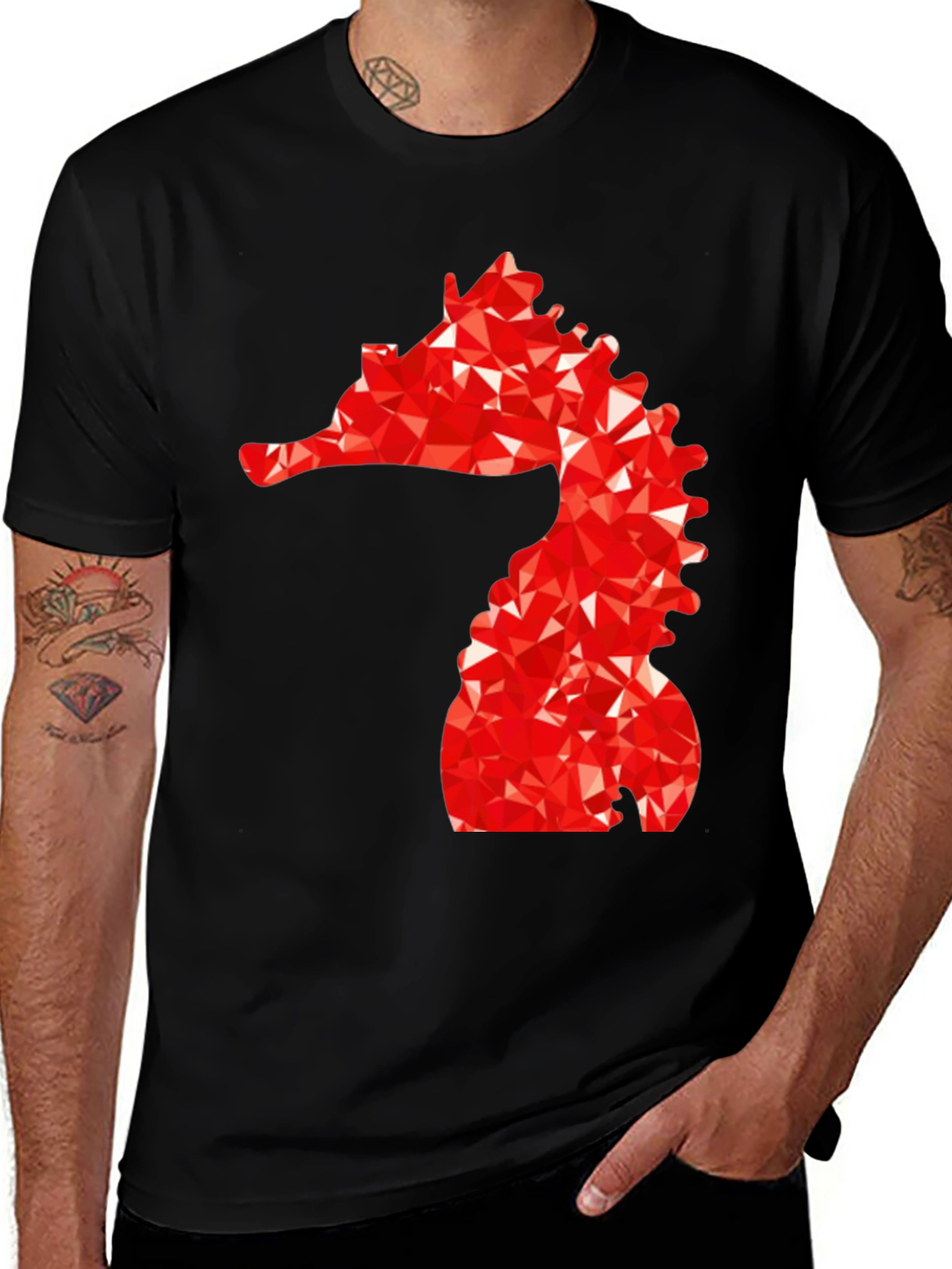 Variant 12 of Men's Black Tee with Red Geometric Seahorse