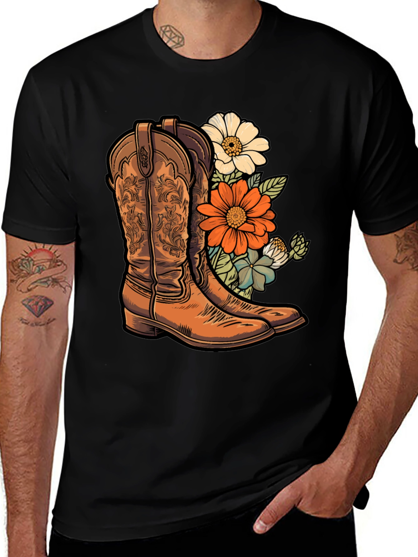 Black Cowboy Boots & Floral T-Shirt - Western Style Tee main image