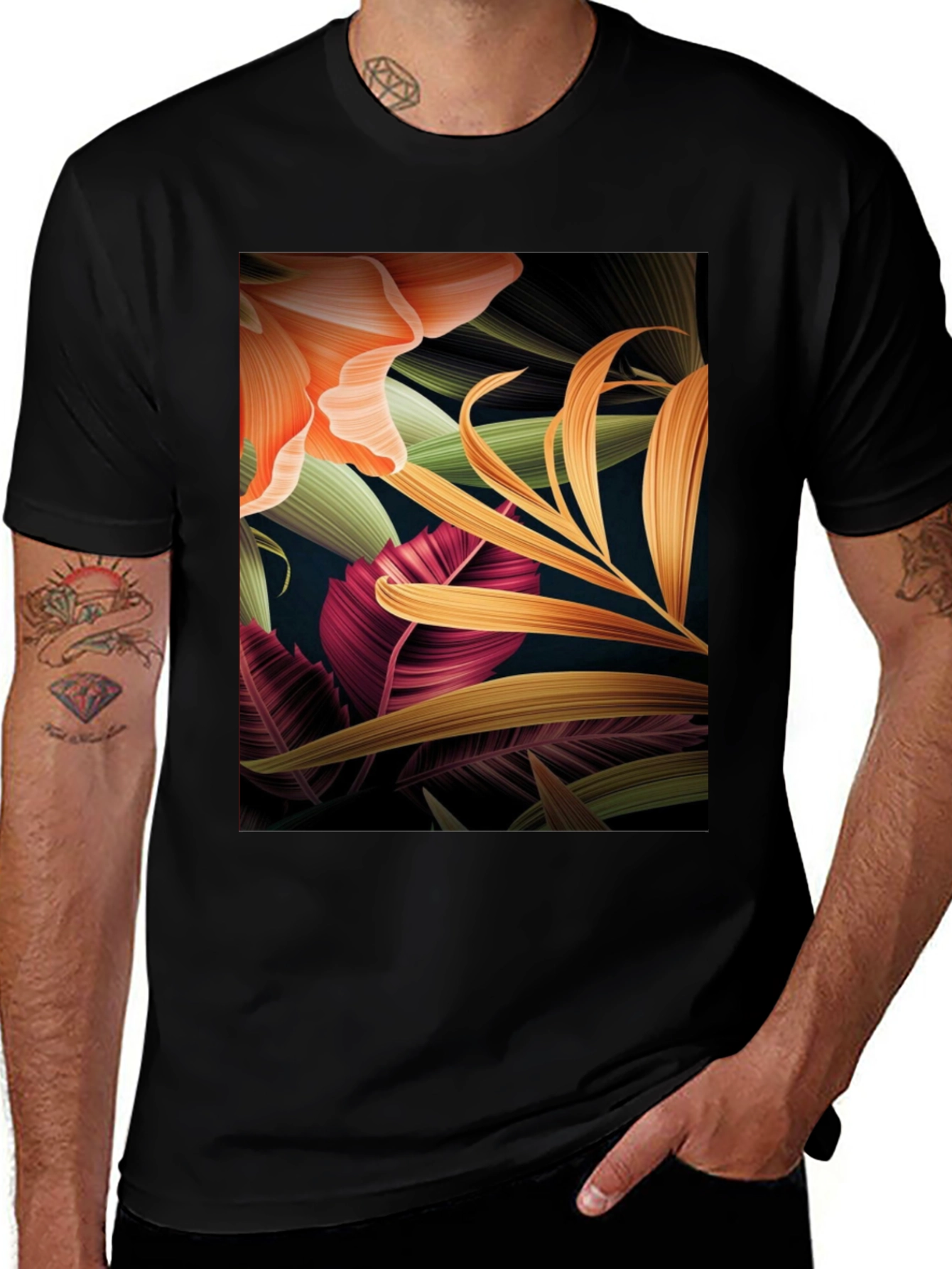 Variant 8 of Tropical Floral Print Black T-Shirt