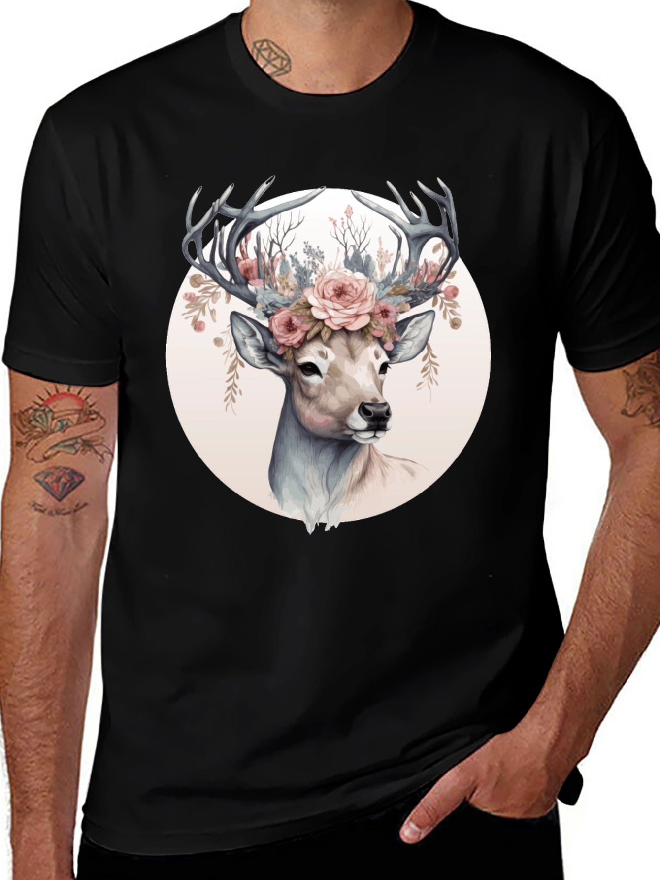 Variant 7 of Deer Floral Crown Black T-Shirt
