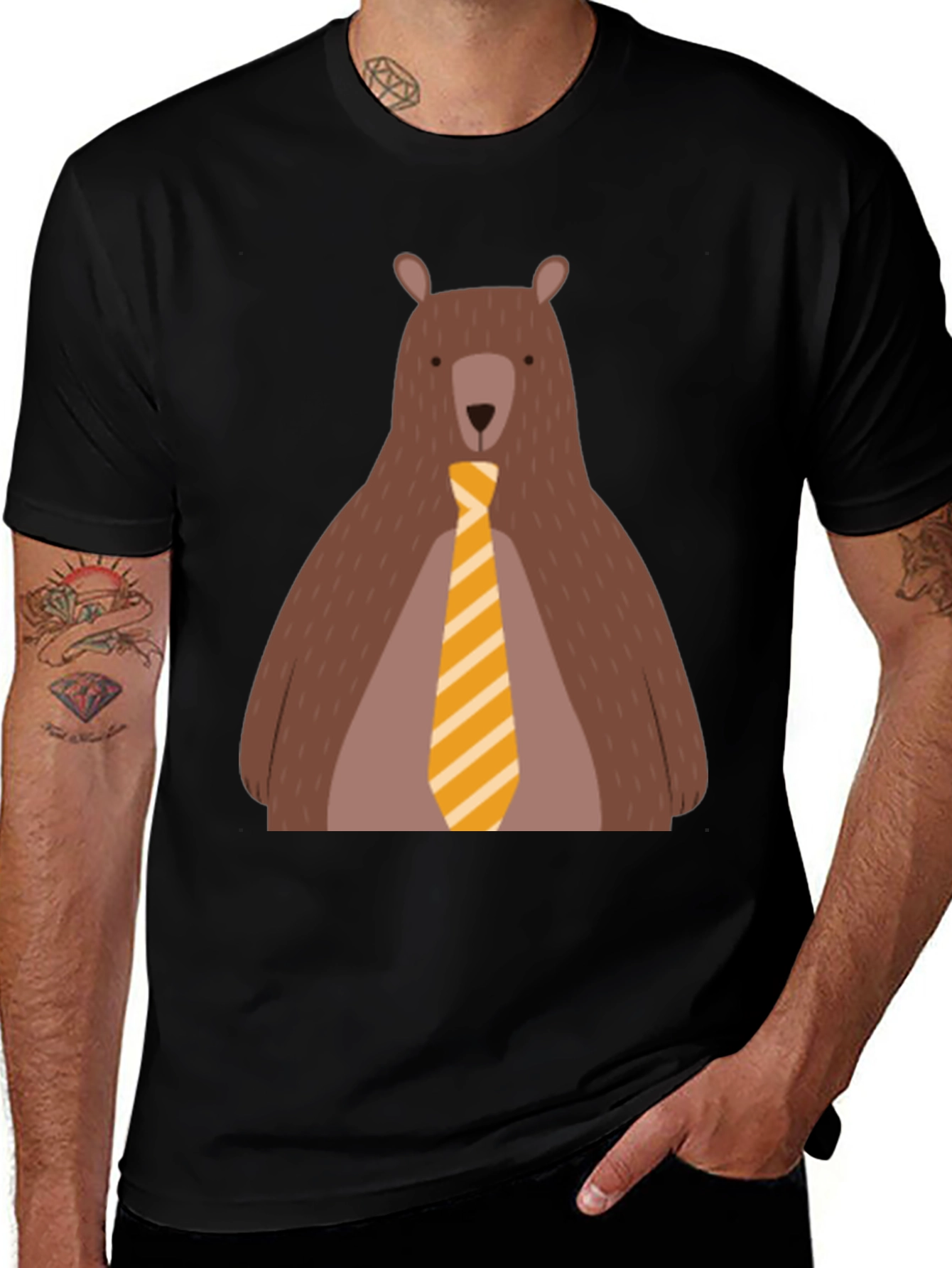 Variant 26 of Bear with Tie Graphic Tee - Black Cotton T-Shirt
