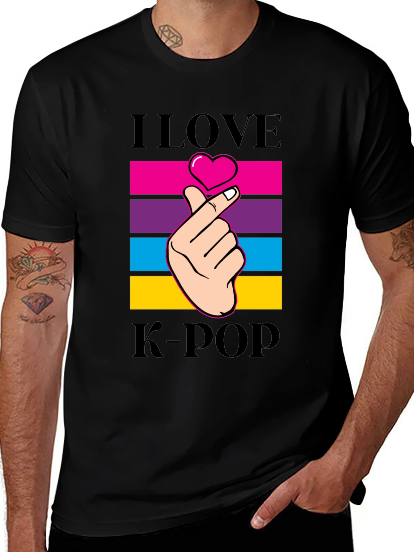 I Love K-Pop Heart Fingers Black T-Shirt