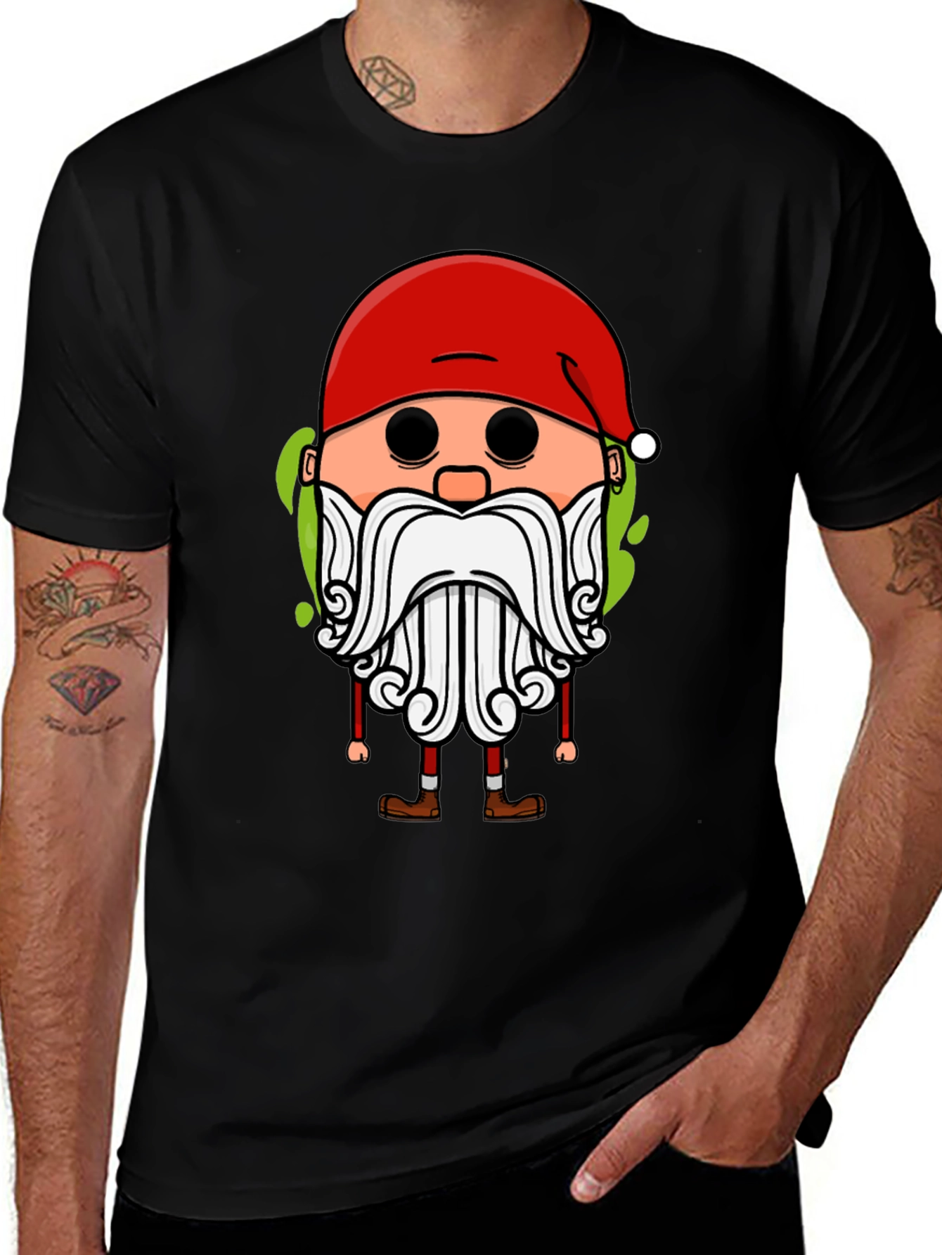 Festive Cartoon Santa Graphic Tee - Black