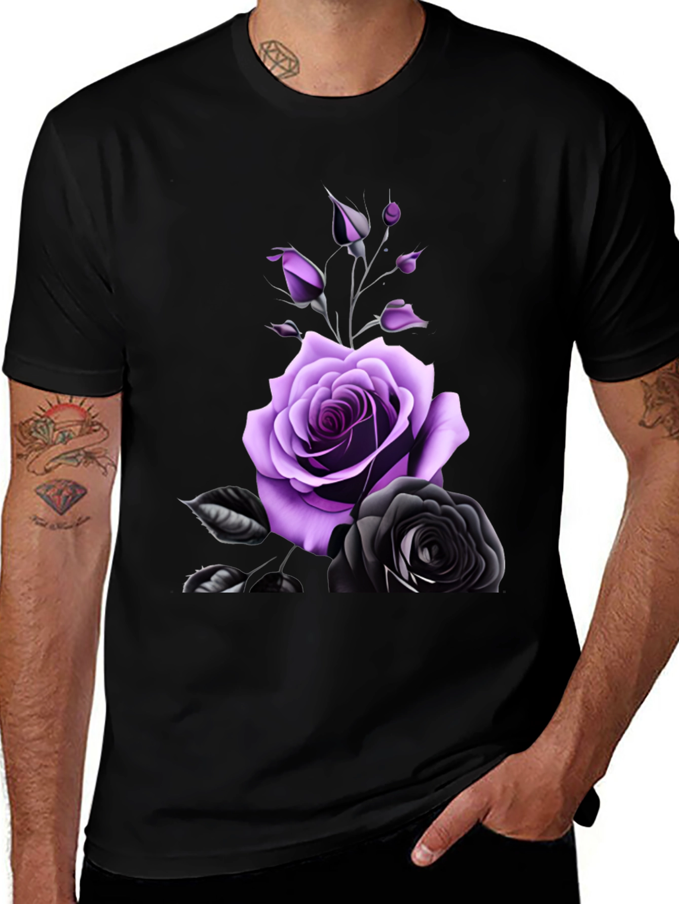 Variant 18 of Black T-Shirt with Purple and Black Rose Design