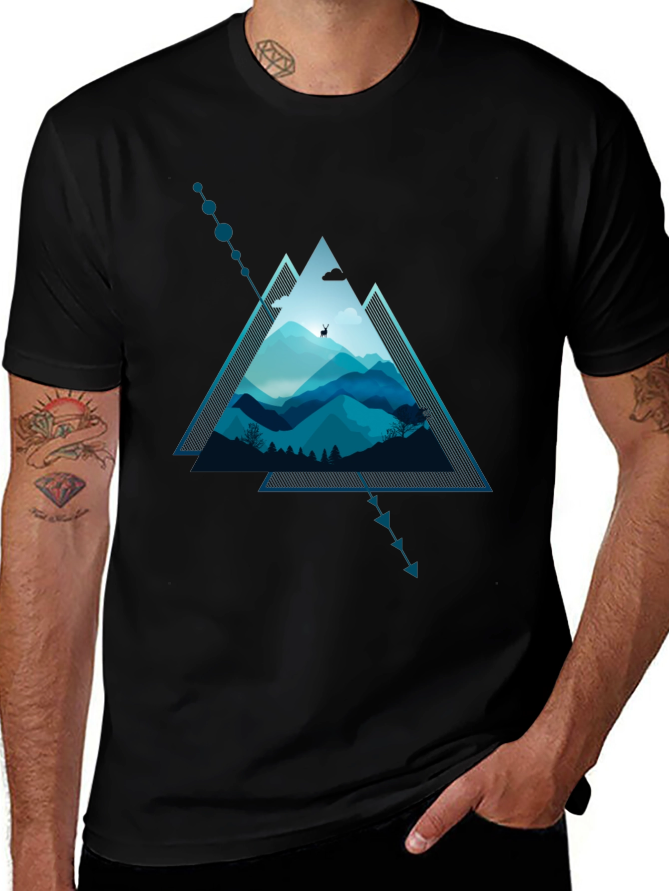 Black Geometric Mountain Scene Graphic T-Shirt main image