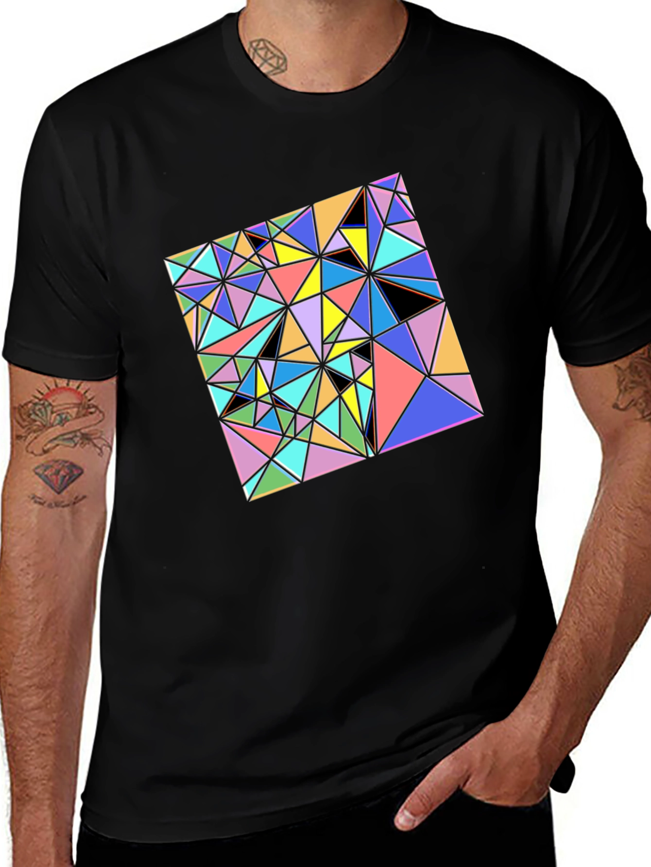 Geometric Triangle Pattern Black T-Shirt