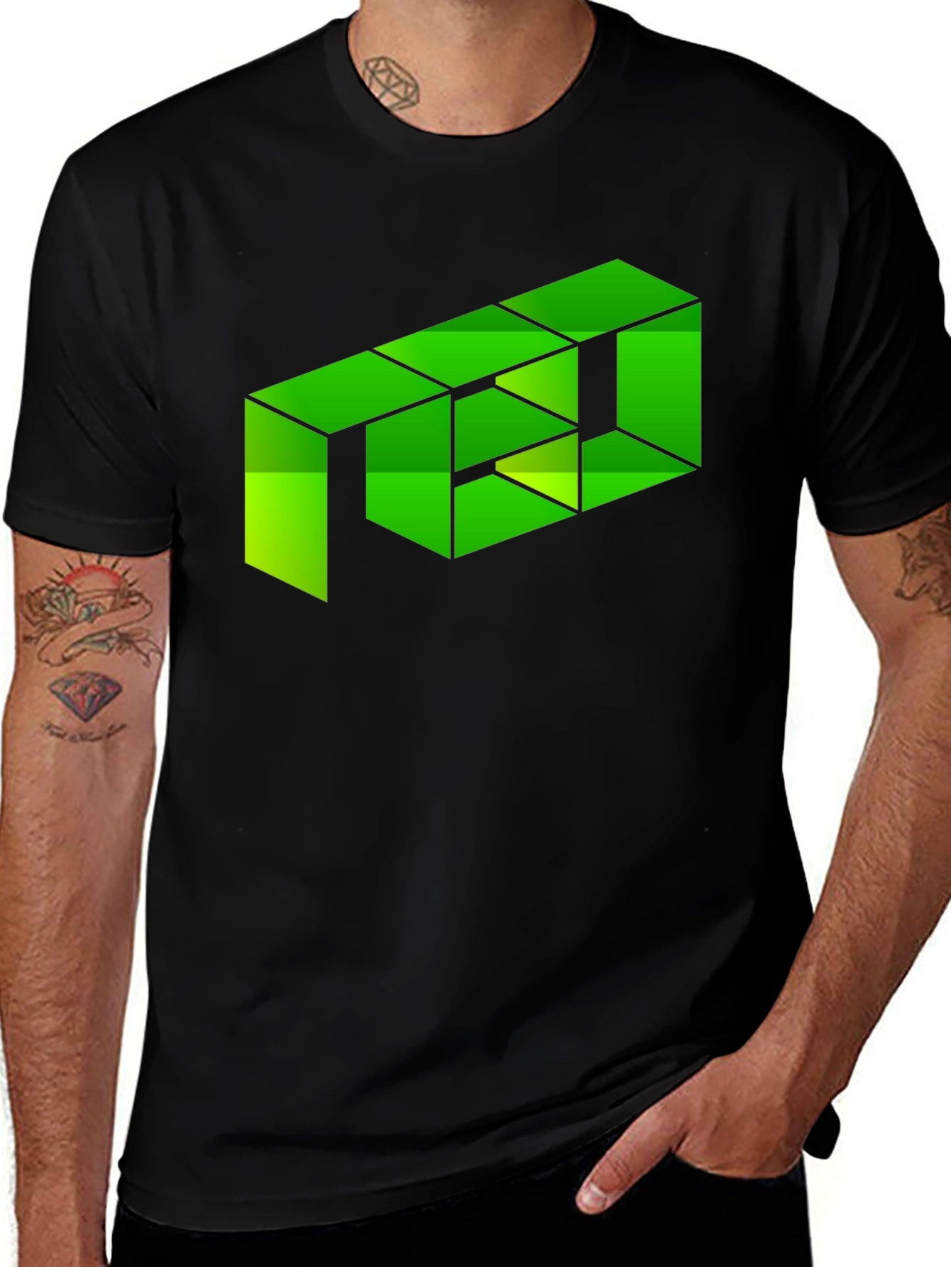 Geometric Green Cube Graphic Black T-Shirt