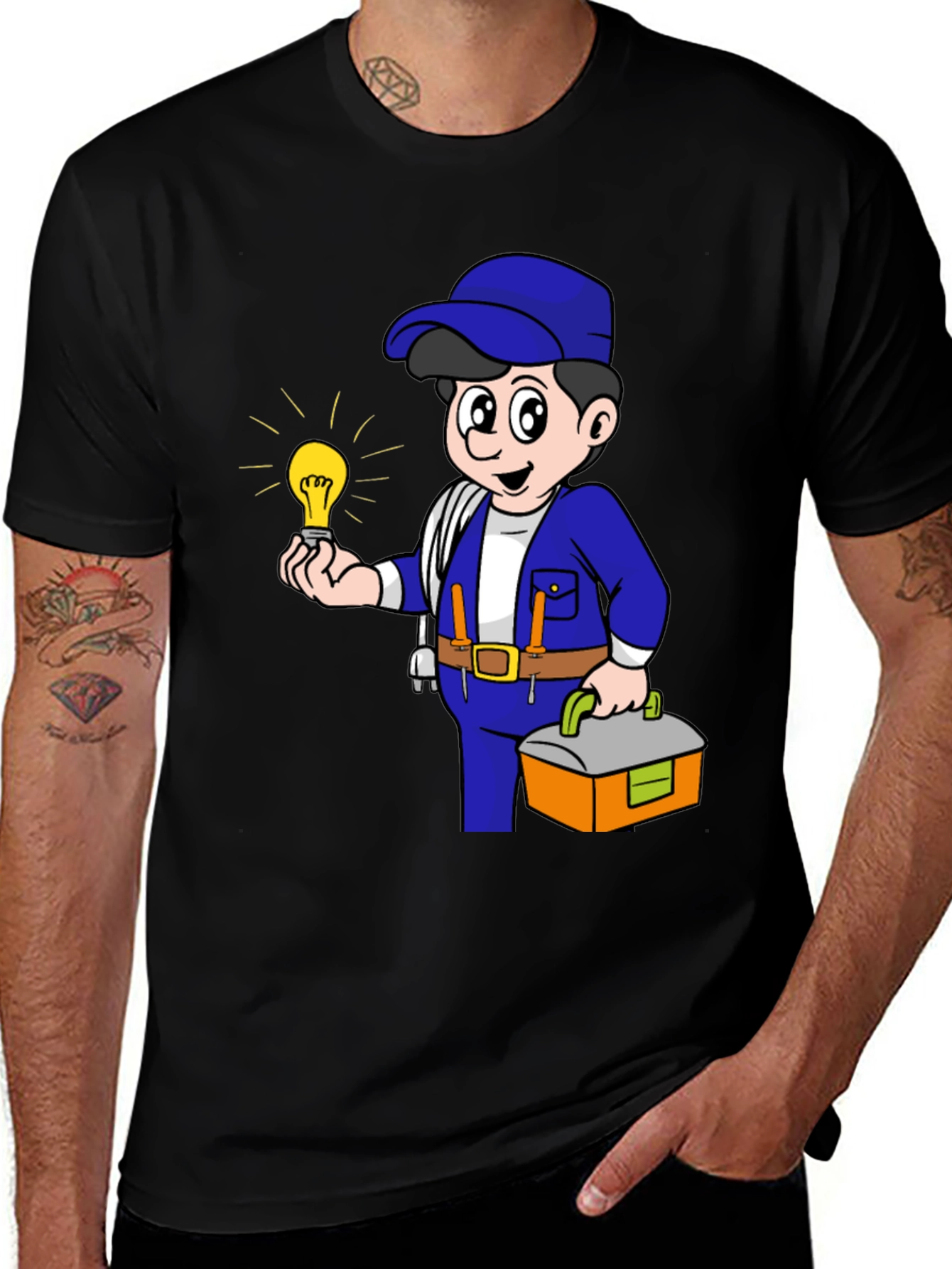 Variant 24 of Electrician Cartoon Graphic Tee - Black Cotton T-Shirt