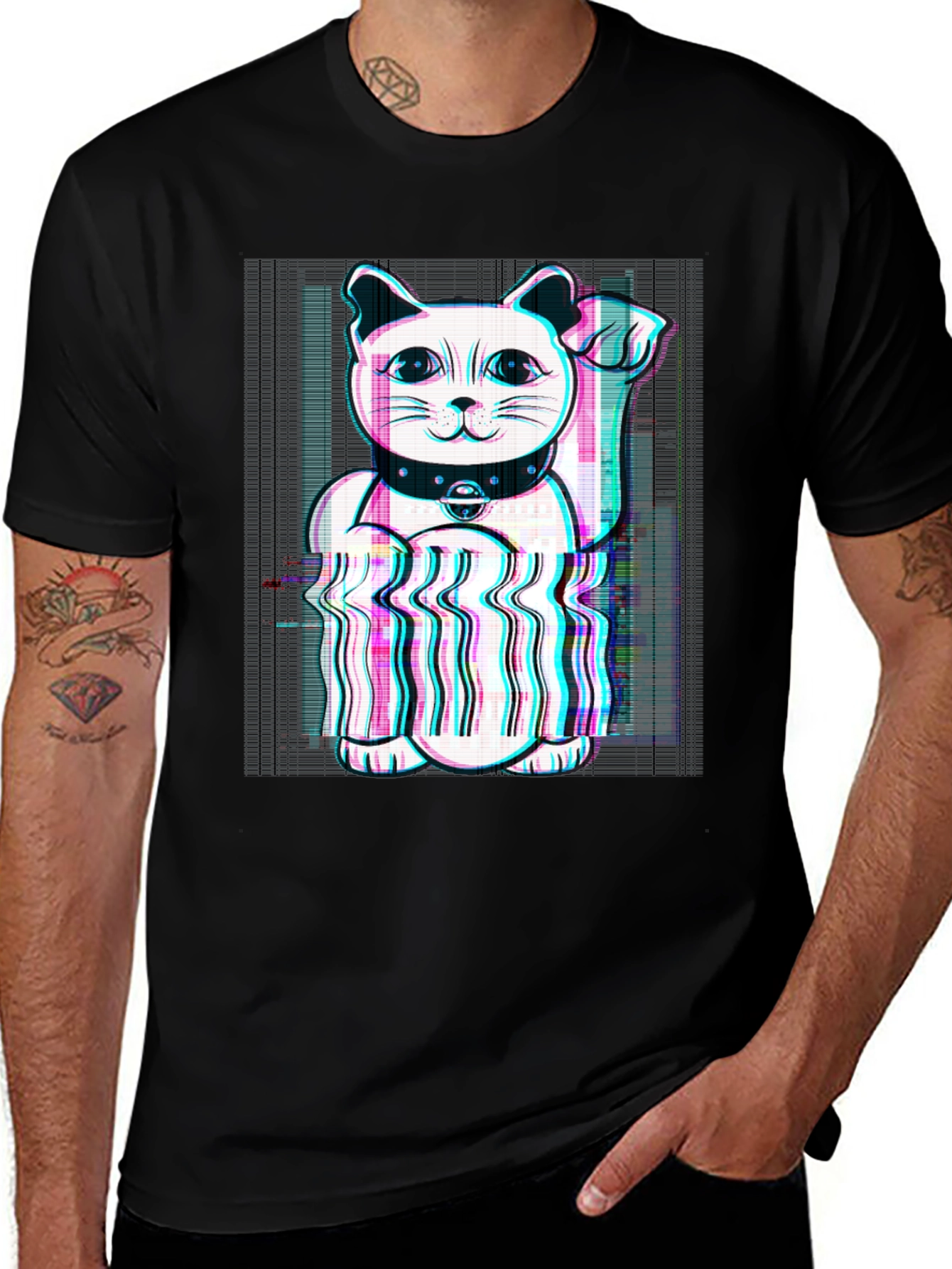 Variant 27 of Lucky Cat Glitch Tee - Black Cotton Graphic T-Shirt