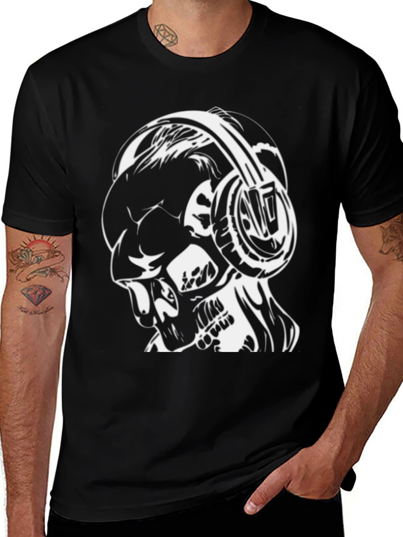 Variant 25 of Skull with Headphones Graphic Tee - Black Cotton