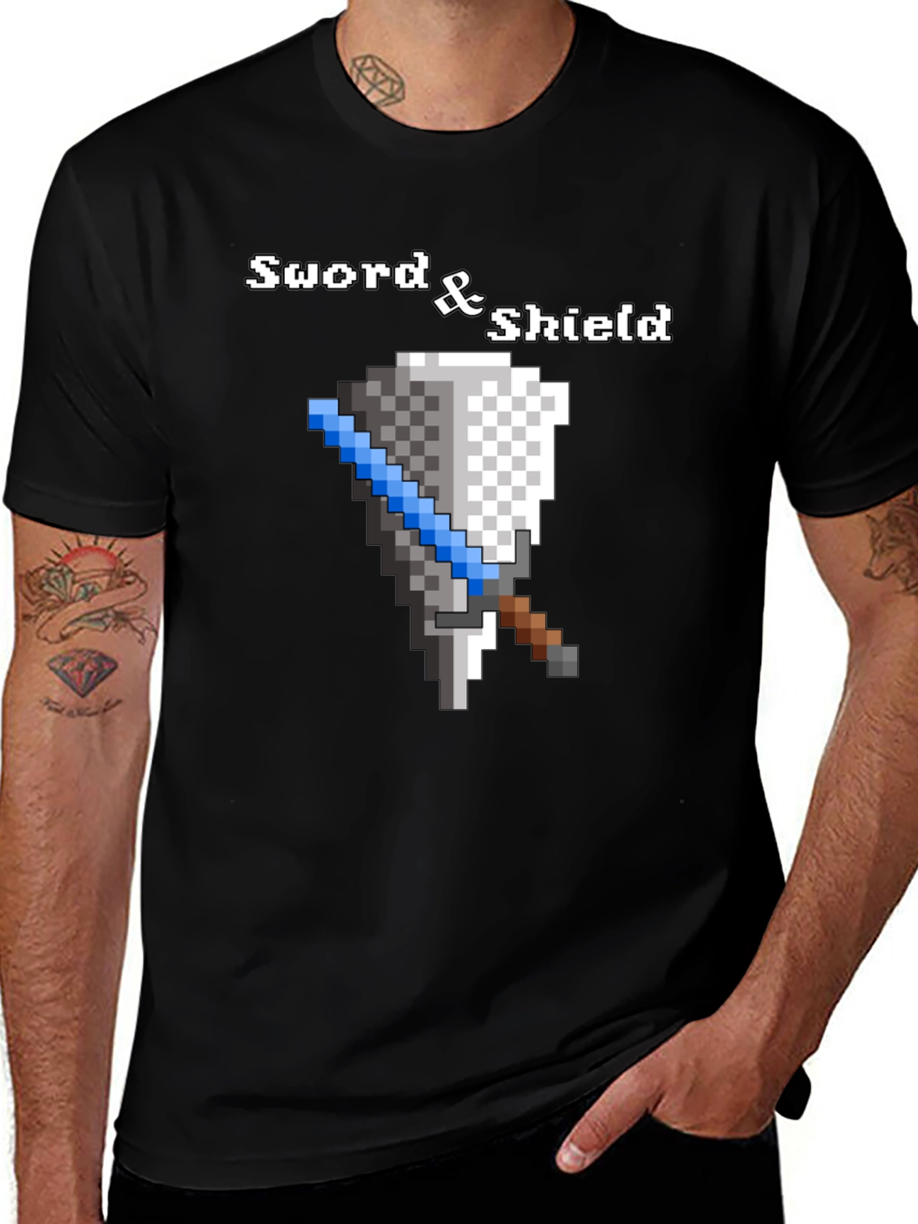 Variant 9 of Sword and Shield Pixel Graphic Black T-Shirt