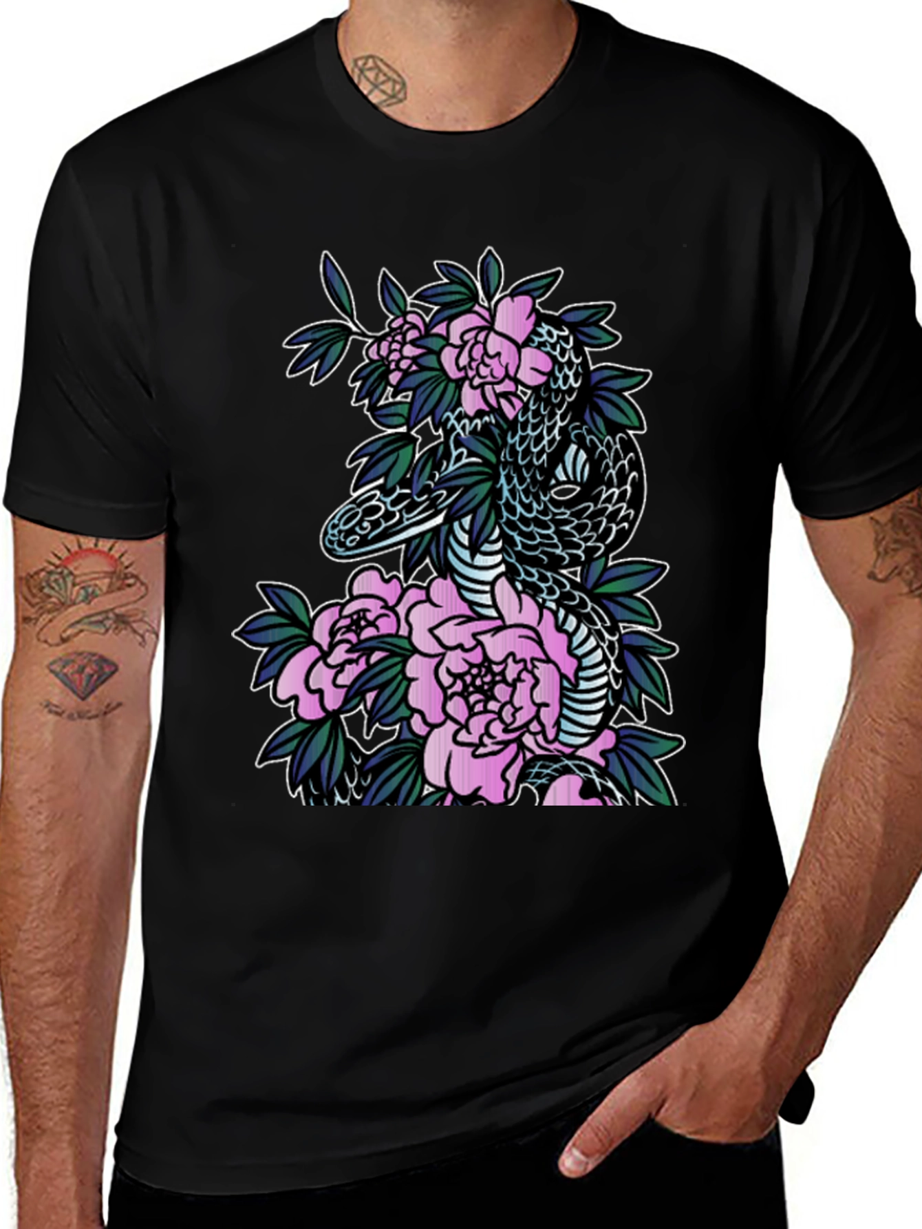 Snake & Floral Print Black T-Shirt