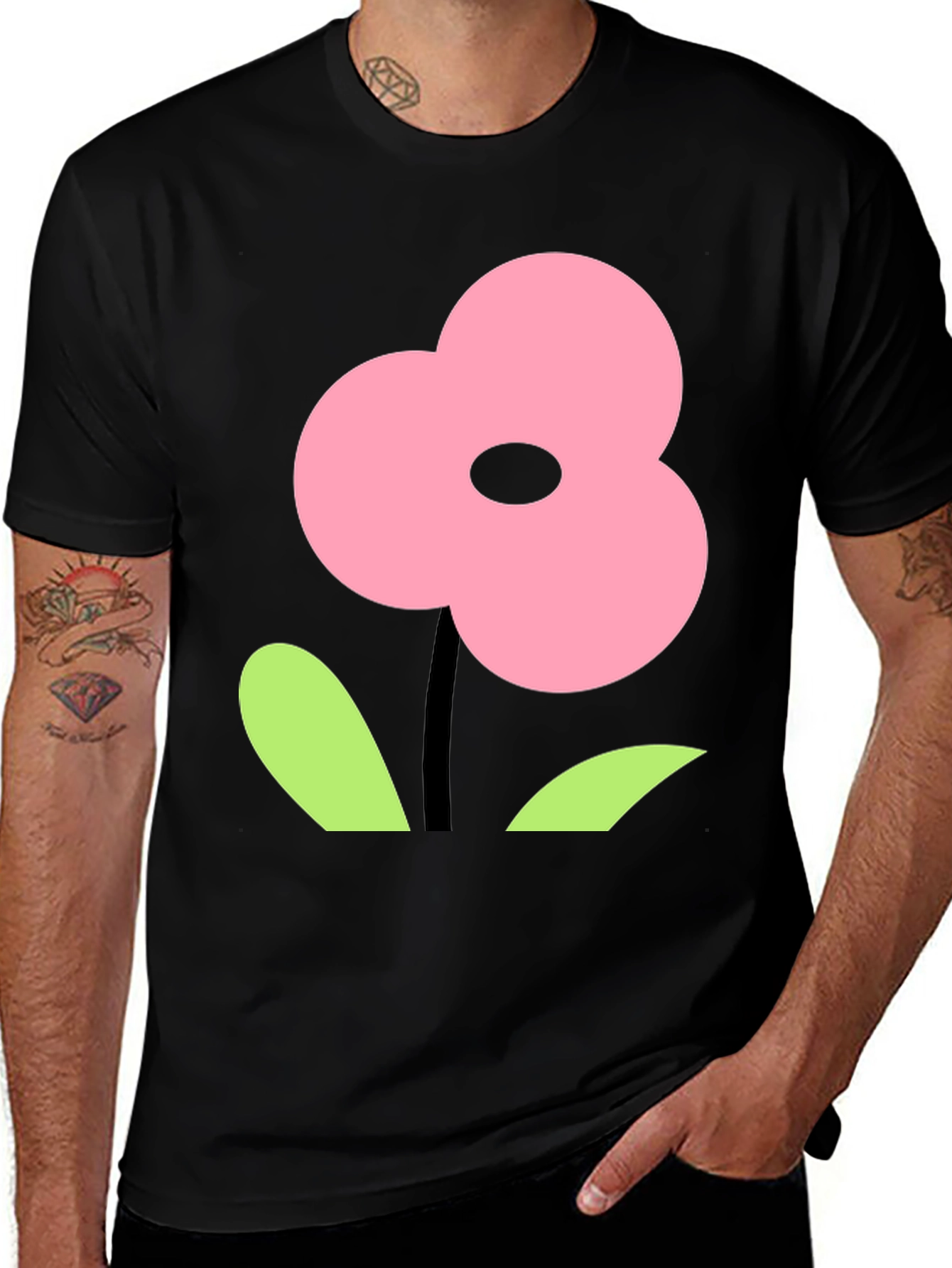 Pink Flower Graphic Black T-Shirt