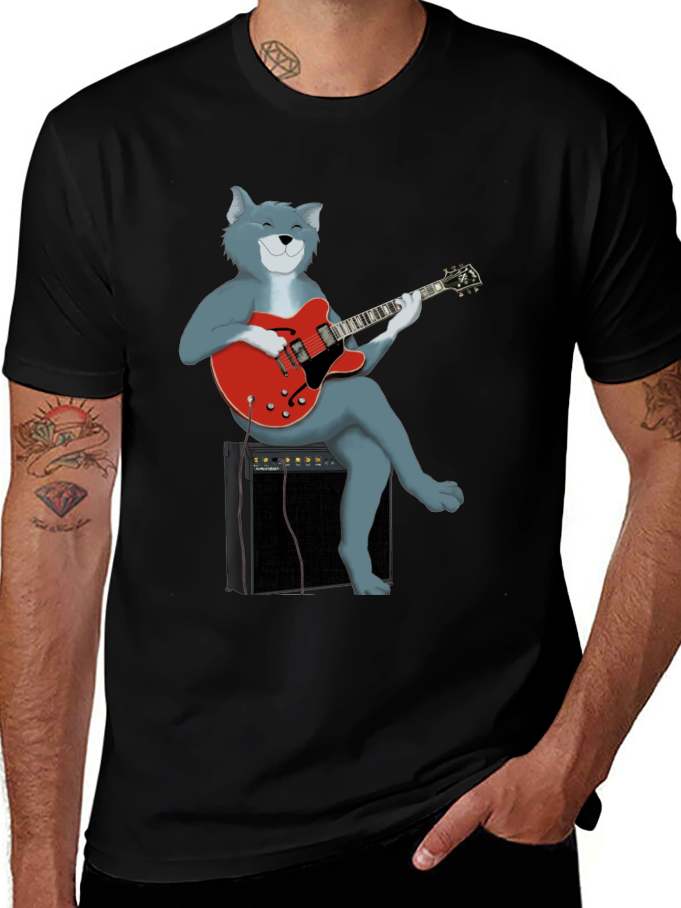 Variant 25 of Cat Guitarist Graphic Tee - Black Cotton Shirt