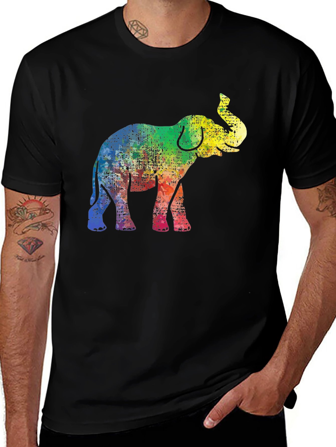 Variant 21 of Rainbow Elephant Graphic Tee - Black Cotton T-Shirt