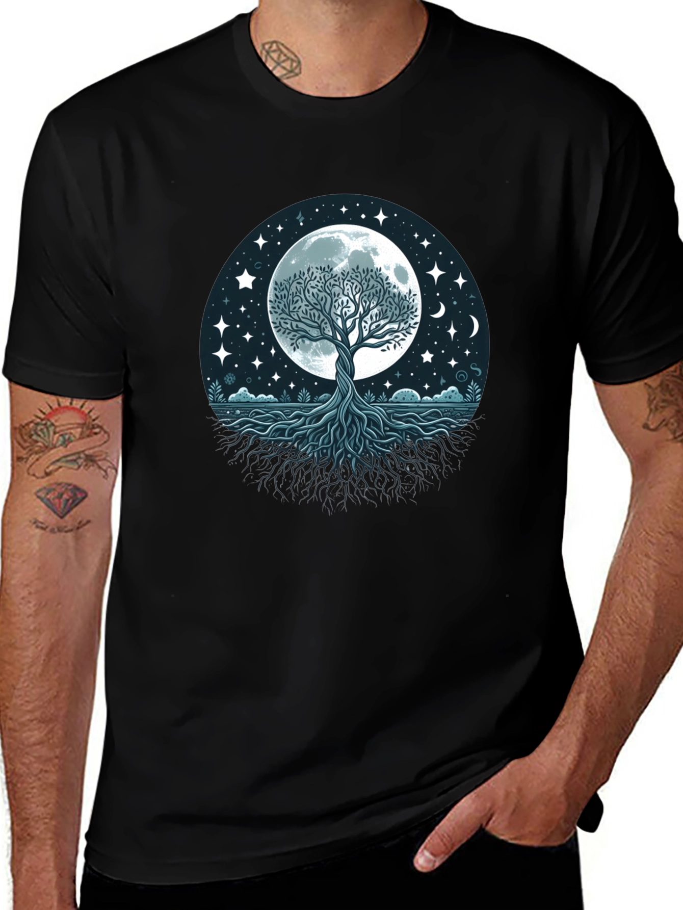 Variant 9 of Mystic Tree of Life Moon Graphic Tee - Black Cotton Shirt