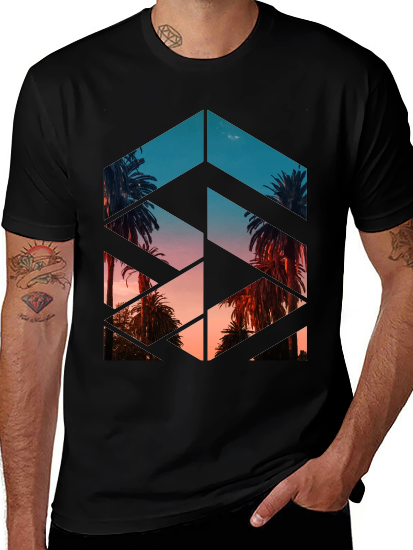 Variant 6 of Geometric Palm Tree Print Black T-Shirt