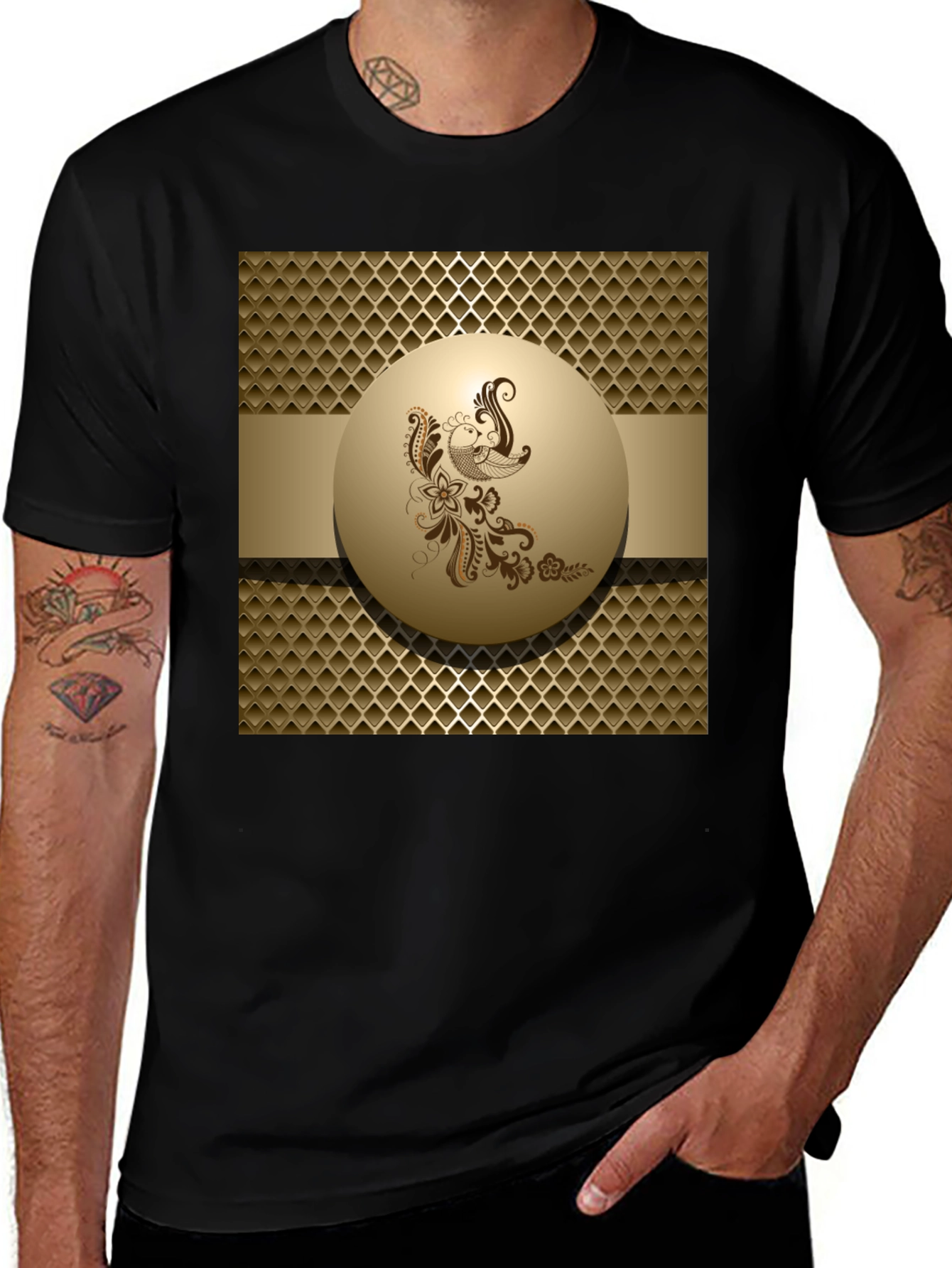 Variant 8 of Stylish Black T-Shirt with Ornamental Bird Design